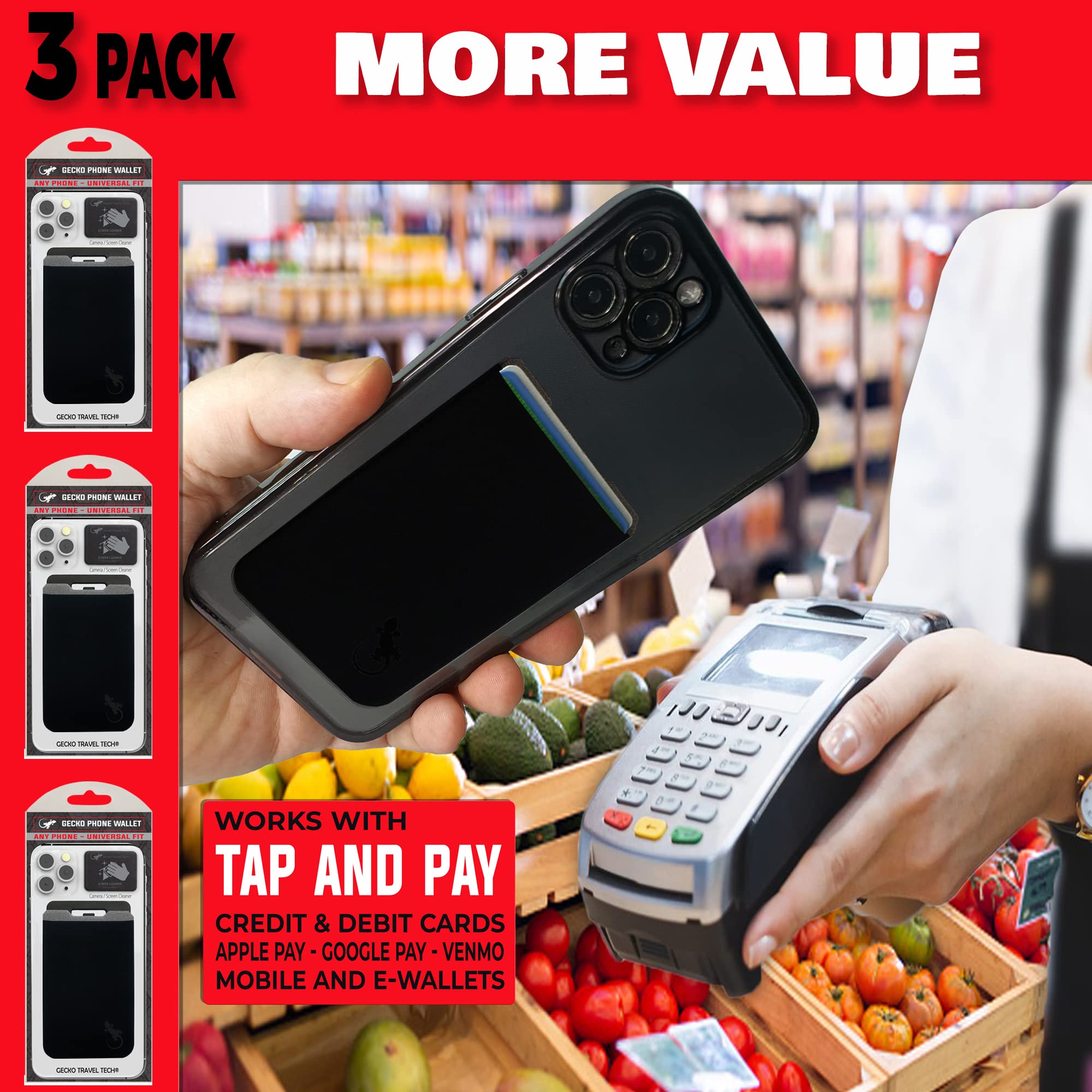3 Pack Gecko Phone Wallet with Stand - Sticky Card Holder for iPhone & Samsung - Slim Phone Accessories for Credit Cards & ID - Perfect for Travel, Shopping & Everyday Use (Black)