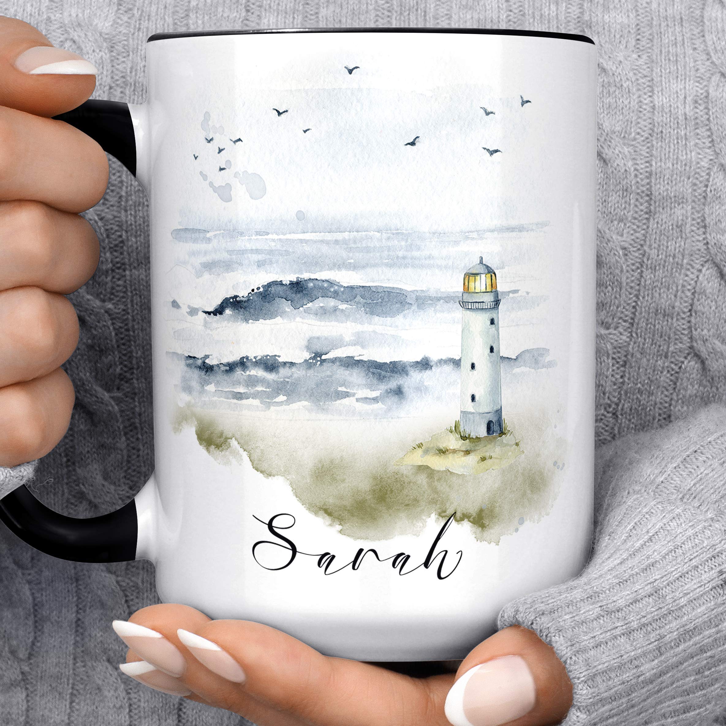 Personalized Watercolor Coastal Lighthouse Ocean Coffee Mug - Custom Name Ceramic Cup | Microwave & Dishwasher Safe | Perfect Gift for Beach Lovers, Office Use & Home Decor
