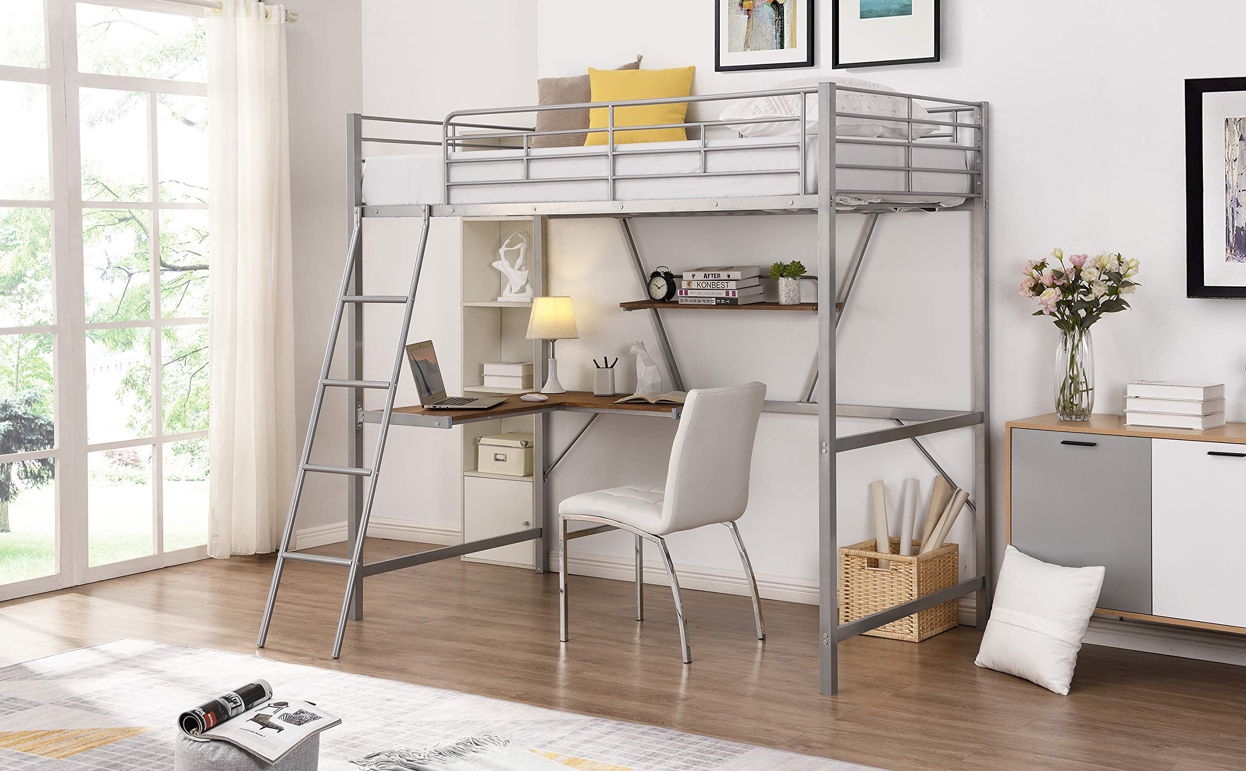 **Twin Size Metal Loft Bed with L-Shaped Desk & Shelves - Sturdy Space-Saving Loft Bed for Kids & Teens, Angled Ladder & Guard Rail, Perfect for Online Learning & Small Bedrooms (Silver)**