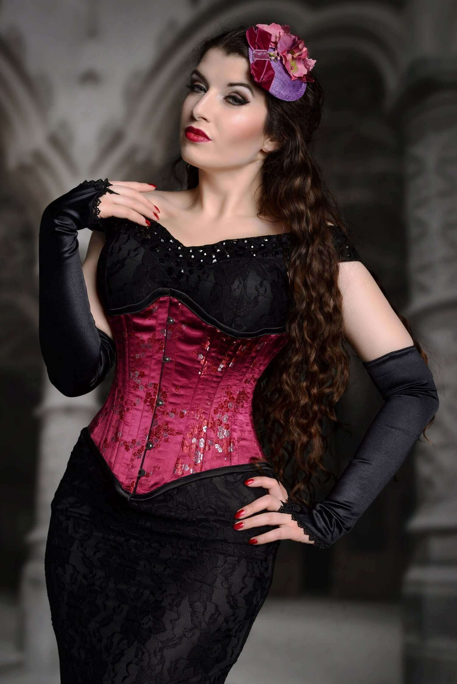 Playgirl Faith 24 Steel Boned Waist Training Corset - Floral Wine Red Victorian Style Corset for Women | Waist Cincher, Body Shaper, Burlesque & Cosplay Costume