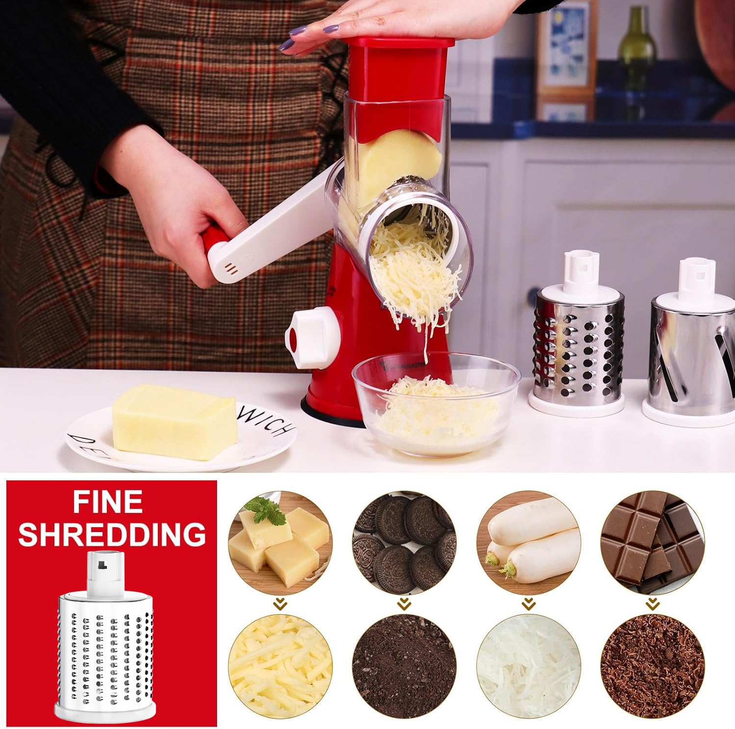 Premium Rotary Cheese Grater - Hand Crank Shredder for Cheese, Vegetables & Nuts | Non-Slip Suction Base | Includes 3 Blades & Free Cleaning Brush (Red) | Perfect for Kitchen, Pizza, Pasta & Salad Prep