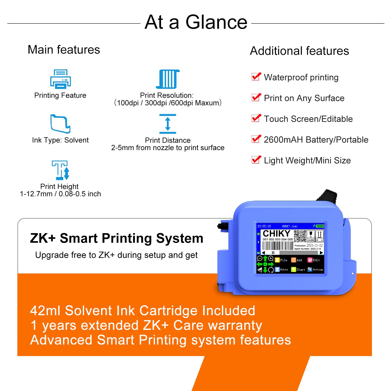 CHIKYTECH Upgraded Mini Inkjet Printer - Portable Printing Machine for Date, Time, Barcode, Logo, QR Code & Batch Numbers on All Materials | Perfect for Product Labeling, Packaging & Inventory Management