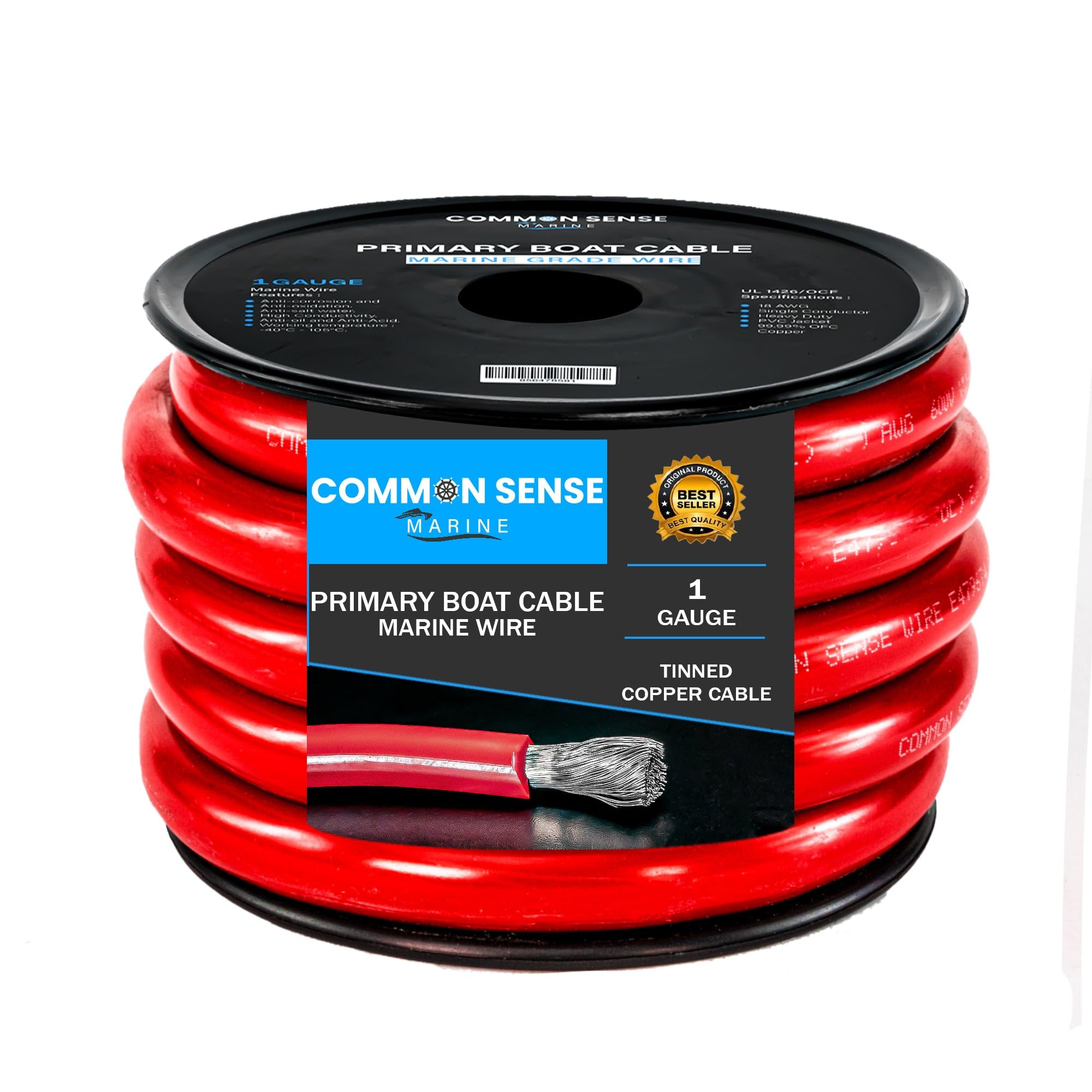 1 Gauge Primary Boat Cable - 30 ft Marine Grade Tinned Oxygen-Free Copper Wire (1 AWG) - UL 1426 Standard PVC Wire for Marine, Automotive, Audio & RV Applications - Perfect for Boat Wiring, Car Audio Systems, Trailer Lighting & Camping Electrical Installations