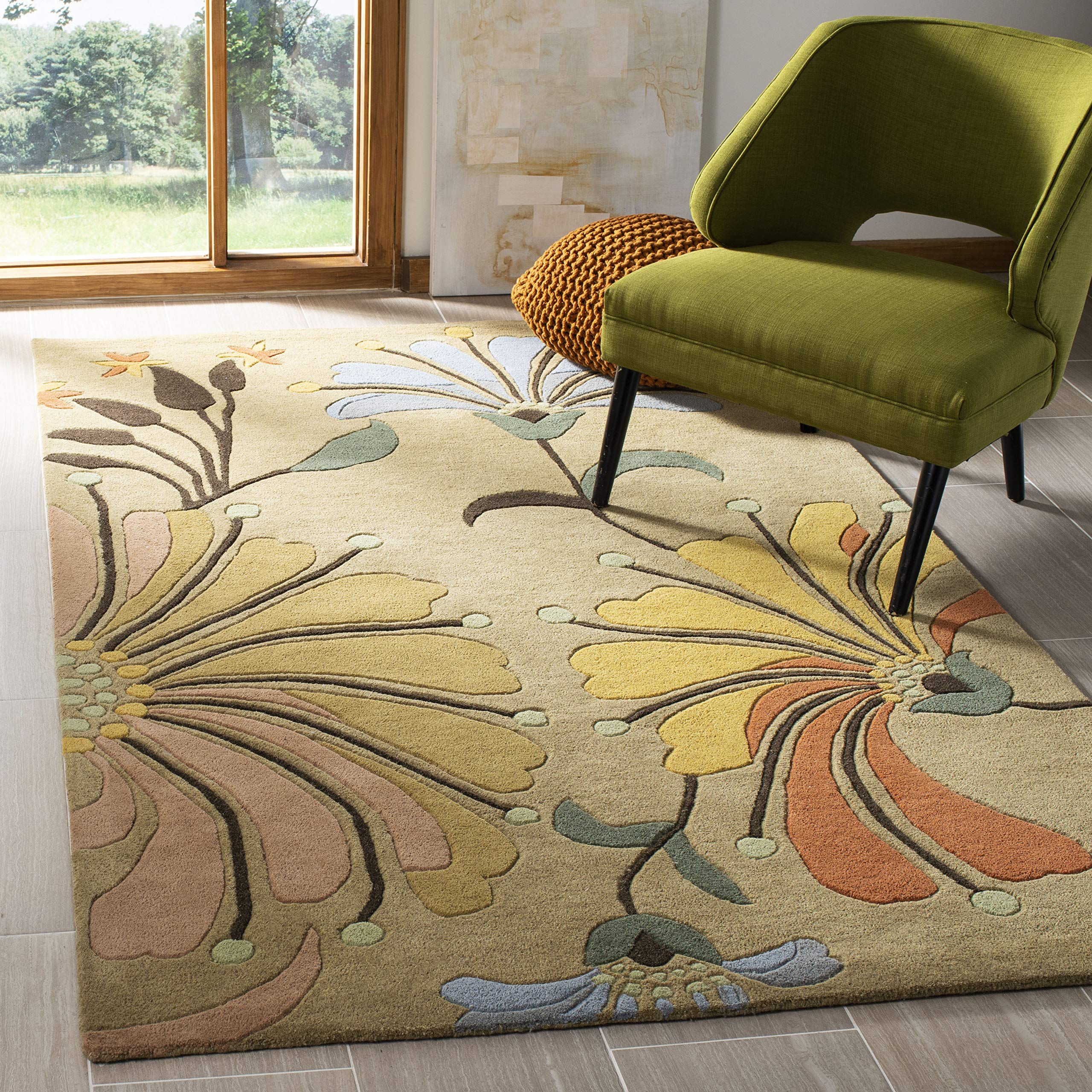 SAFAVIEH Soho Collection 6'x6' Square Handmade Wool Area Rug - Golden Olive Floral Design, Non-Slip Backing, Soft & Durable for Living Room, Dining Room, Bedroom (SOH826A) | Perfect for Boho Chic Decor & Cozy Home Atmosphere