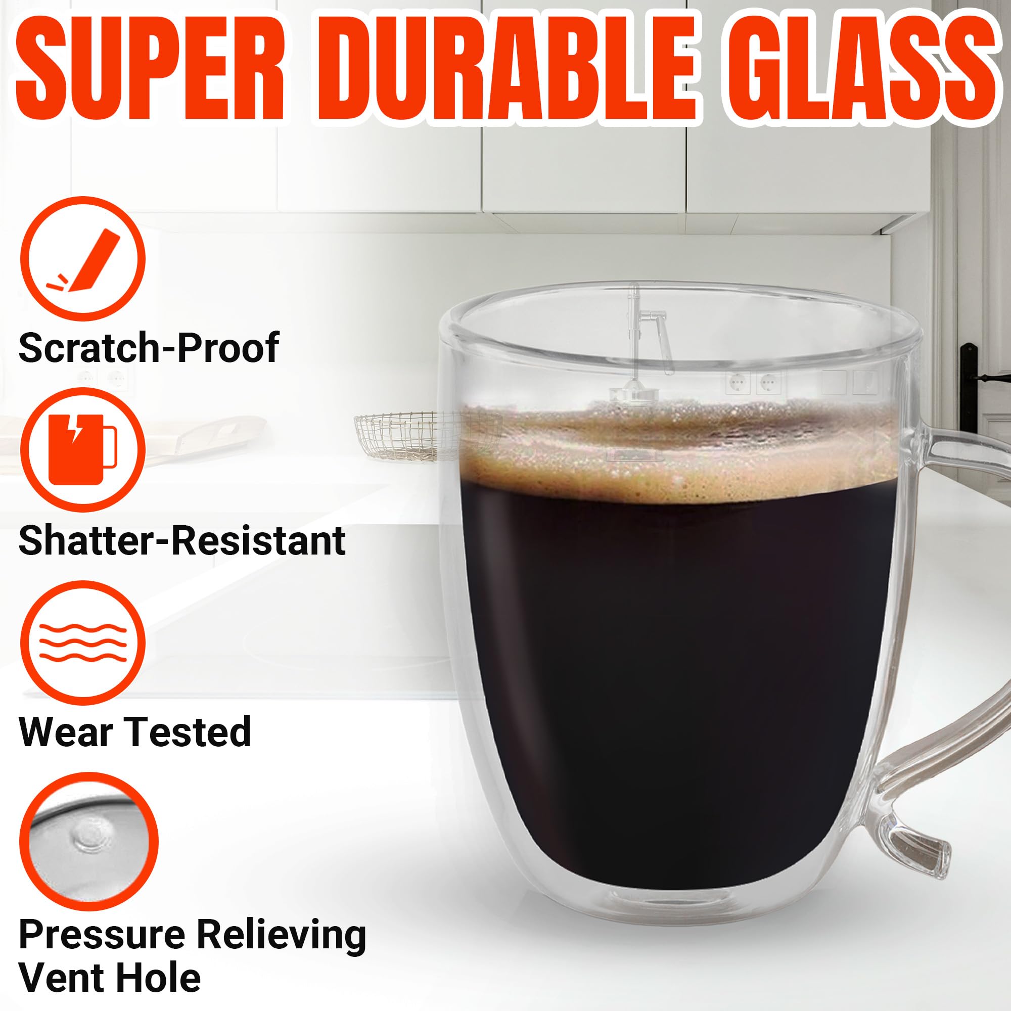 Double Wall Glass Coffee Mugs - 12oz Clear Insulated Coffee Cups for Hot & Cold Drinks - Perfect for Home, Office, and Cafe Use - BPA-Free Shatterproof Glass Mugs with Ergonomic Handle