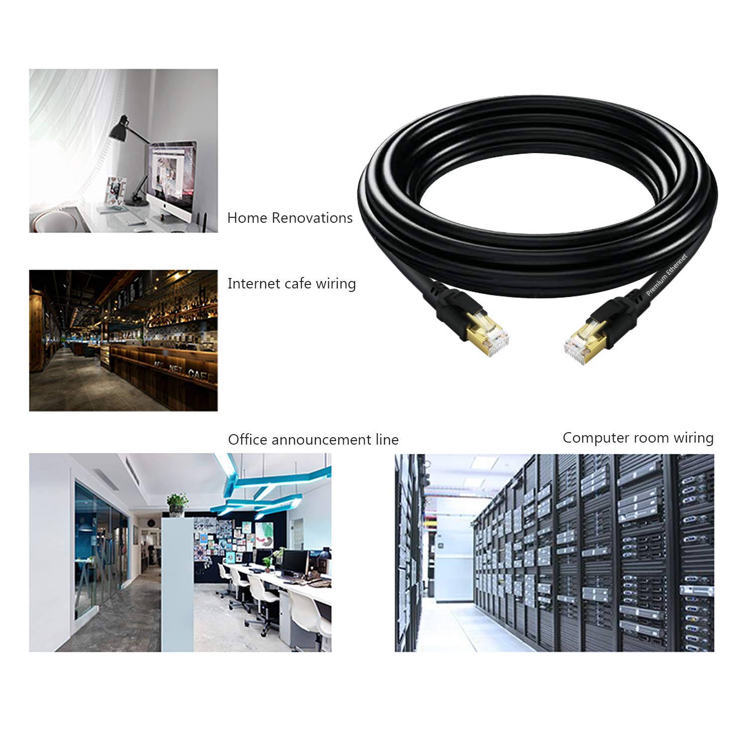 High-Speed Cat8 Ethernet Cable 40Gbps 2000MHz, Gold-Plated RJ45 Connector SSTP LAN Wire for Gaming, Streaming, Router & Modem - 300ft Durable Network Cord for Home Office & Online Gaming