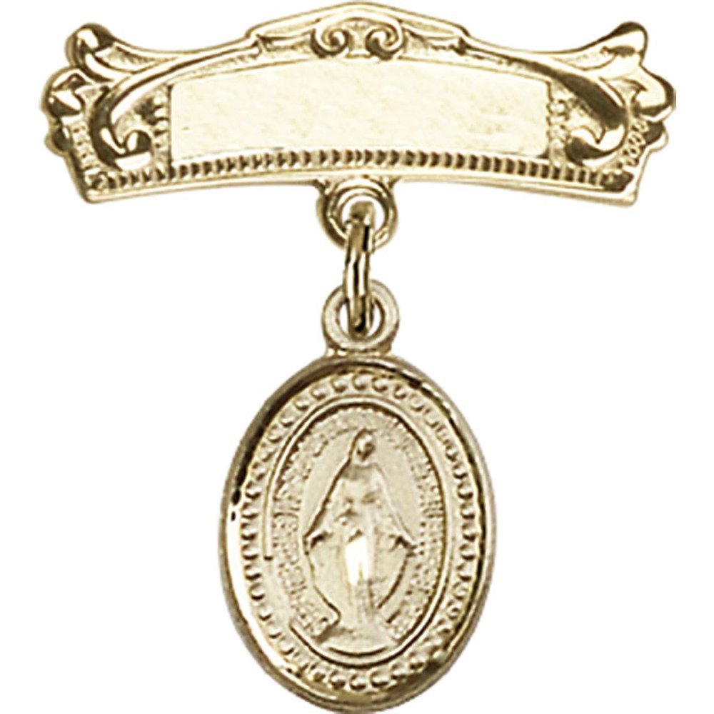 Bonyak Jewelry Gold Filled Saint Medal Charm - 7/8 X 3/4 Inch Religious Baby Badge with Miraculous Medal & Arched Pin - Perfect for Baptism Gifts, First Communion & Spiritual Protection