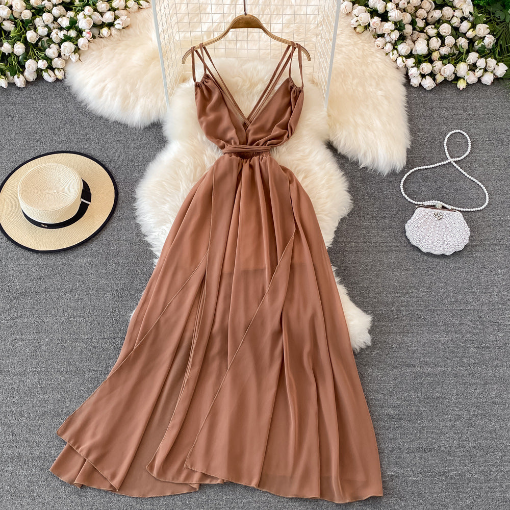 Bohemian Big Swing Thin Shoulder Strap Dress - Fairy High Waist V-Neck Sleeveless Summer Dress for Women | Perfect for Beach Vacation, Music Festival & Boho Chic Outfits