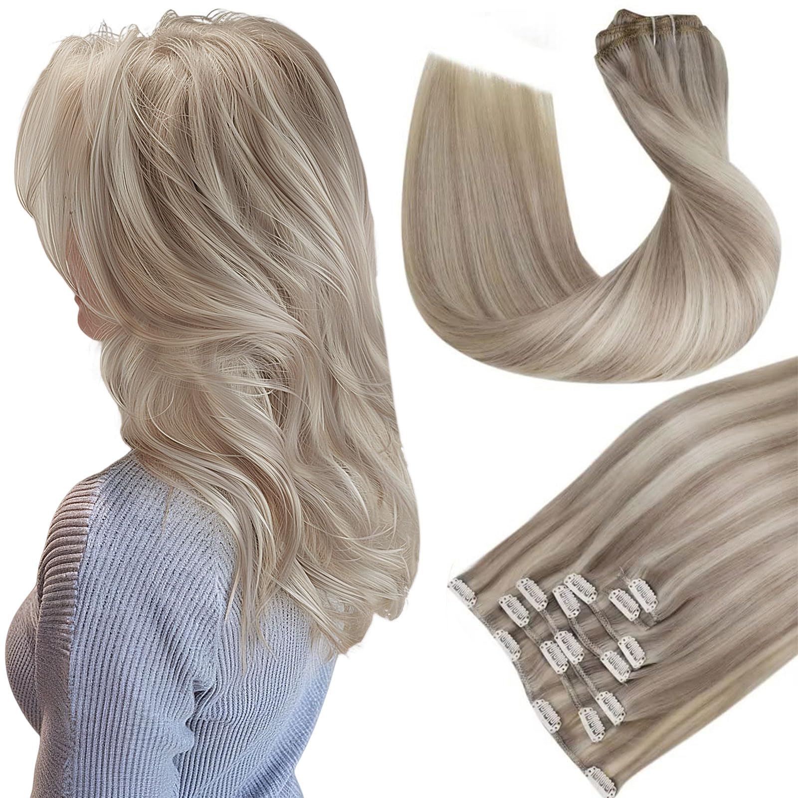 Premium 12 Inch Human Hair Clip-In Extensions - Dirty Blonde with Highlights (7pcs 90g) #17/23 - Natural Looking Short Hair Extensions for Women - Perfect for Volume Boost & Everyday Styling