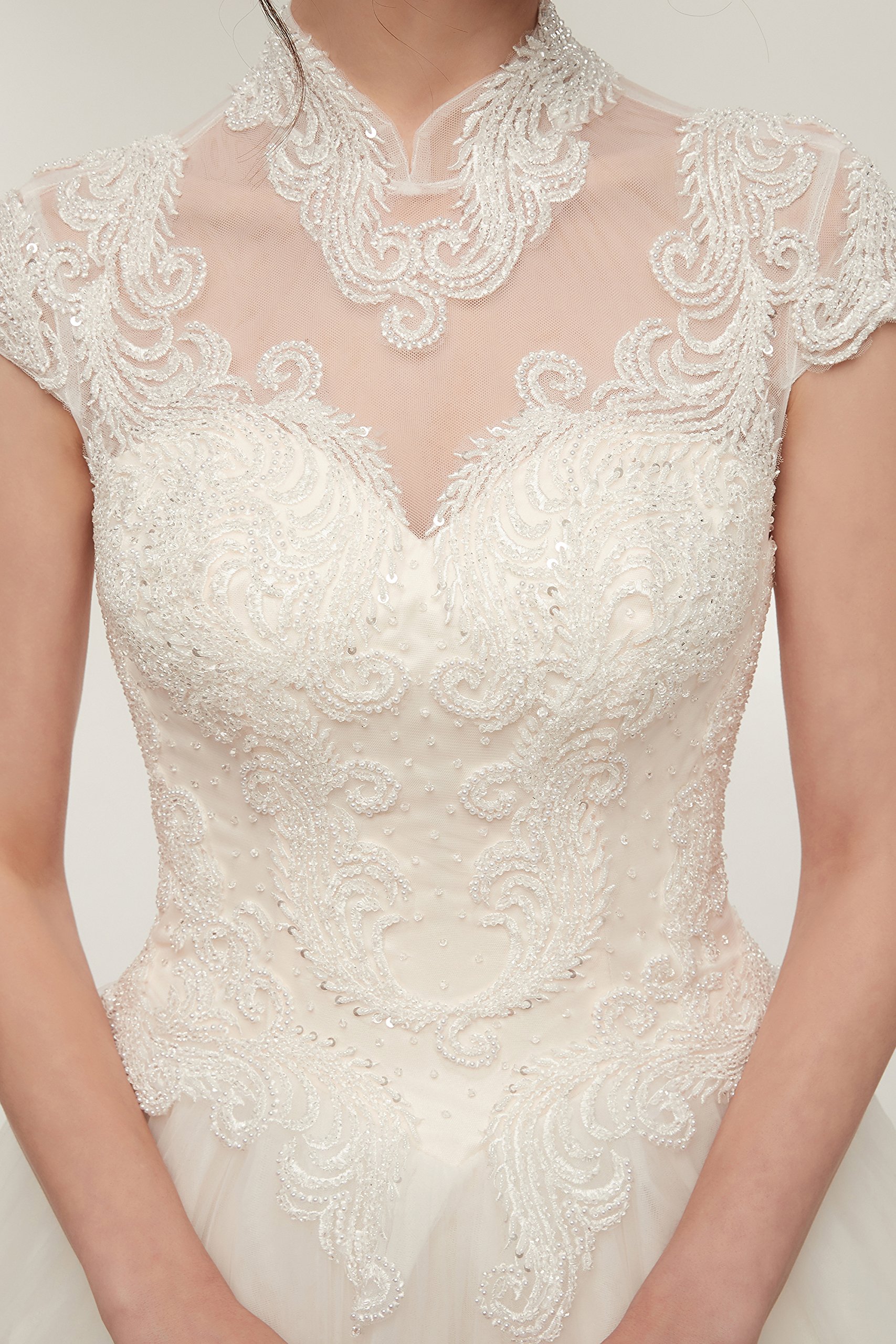 Elegant Beaded Sequins Applique Tulle Wedding Dress for Women - High Neck Bridal Gown for Church Ceremony, Ballroom Reception & Formal Occasions