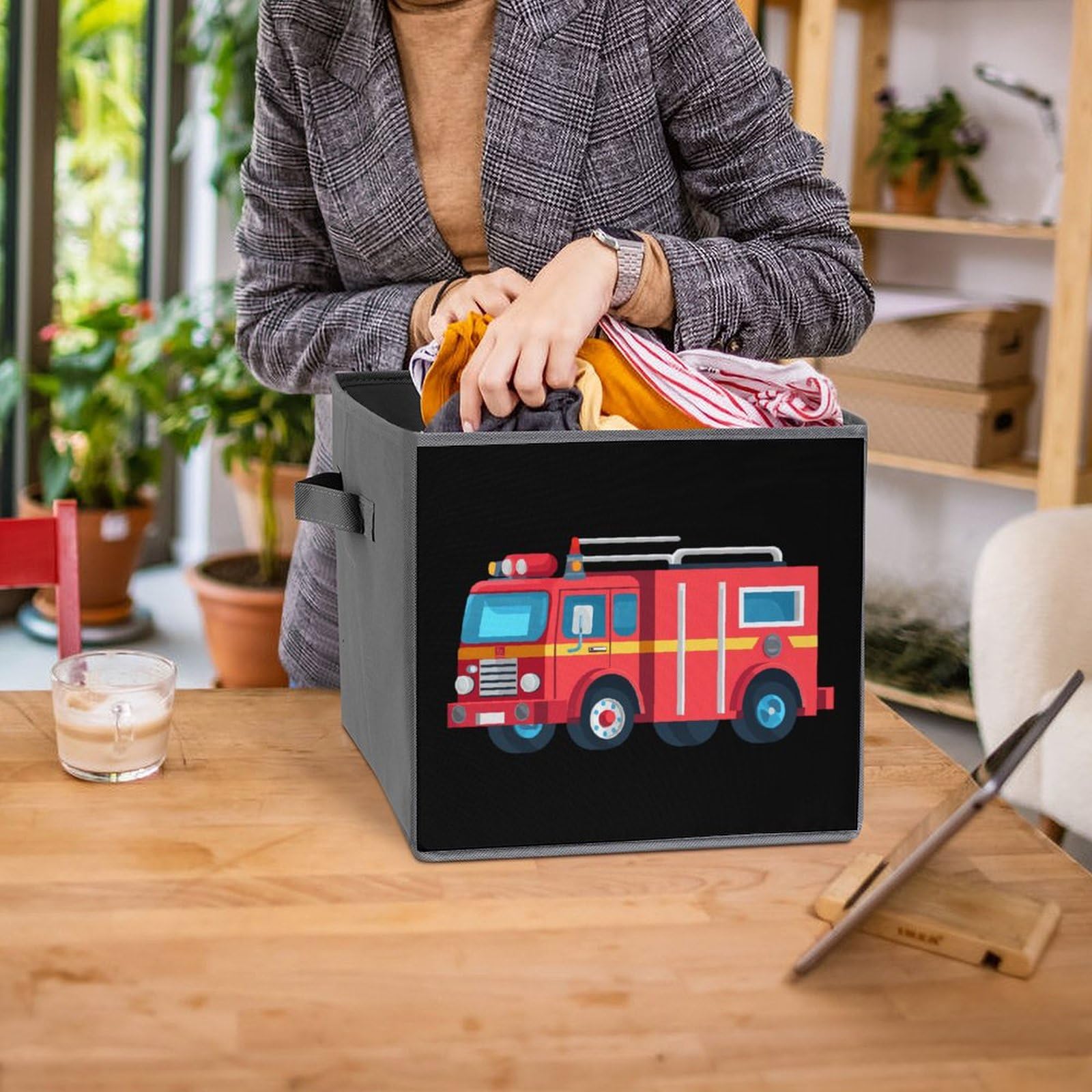 Foldable Fire Truck Storage Cubes - 6 Pack Organizer Bins with Handles for Kids Room, Playroom & Toy Storage | Square Fabric Baskets for Clothes, Books & Toys