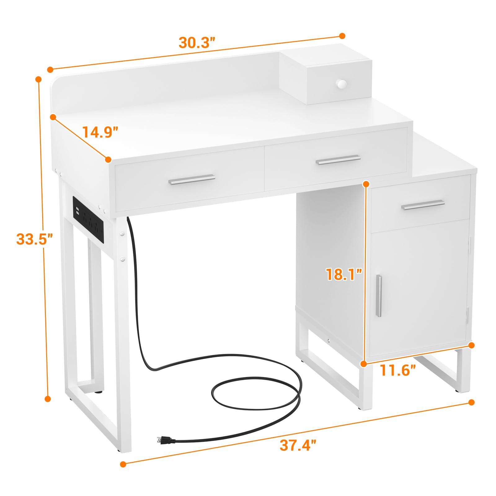 Modern White Vanity Desk with 4 Storage Drawers & Charging Station - Reversible Cabinet Dressing Table Set with Divided Organizers for Women & Girls - Perfect for Bedroom Makeup, Skincare Routine and Home Office Workspace