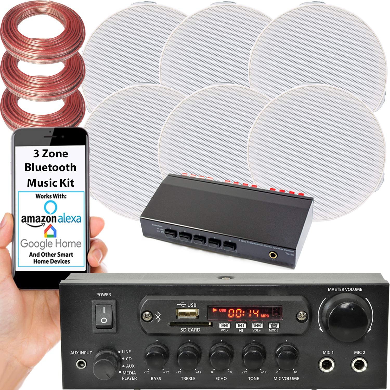 3 Zone Bluetooth Ceiling Speaker System - 110W Stereo Amplifier with 6x 4