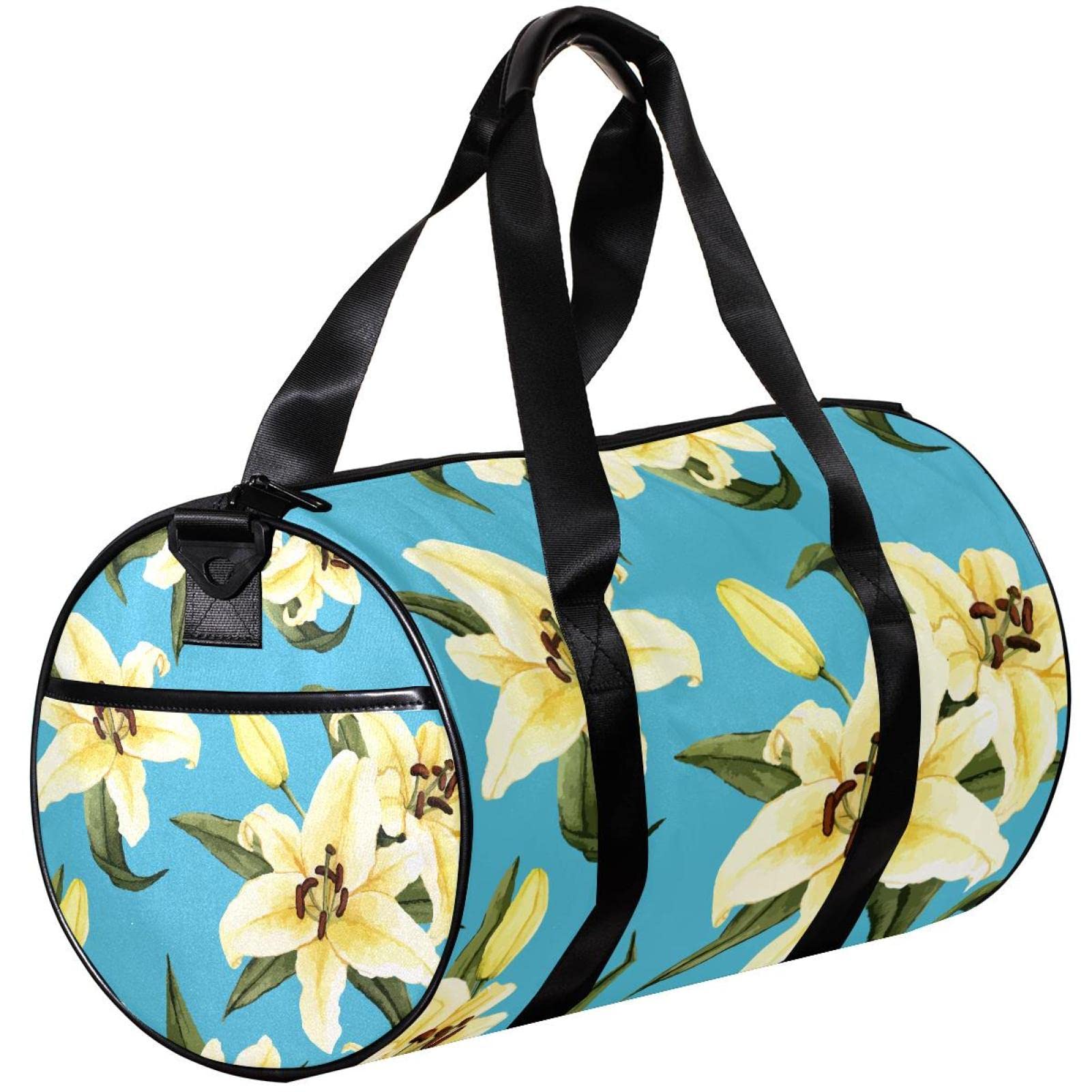 Small Travel Duffel Bag with White Lily Floral Pattern - Lightweight Canvas Gym Bag for Women, Sports, Yoga & Weekend Getaways