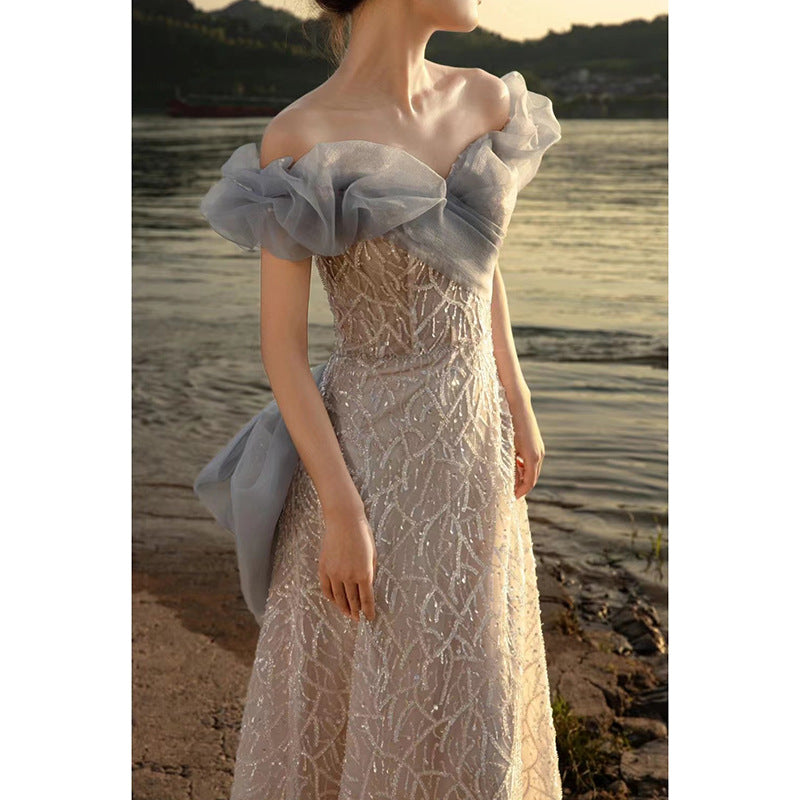 Elegant Off-Shoulder French Long Prom Dress with Sparkles - Perfect for Evening Gala, Formal Events & Special Occasions