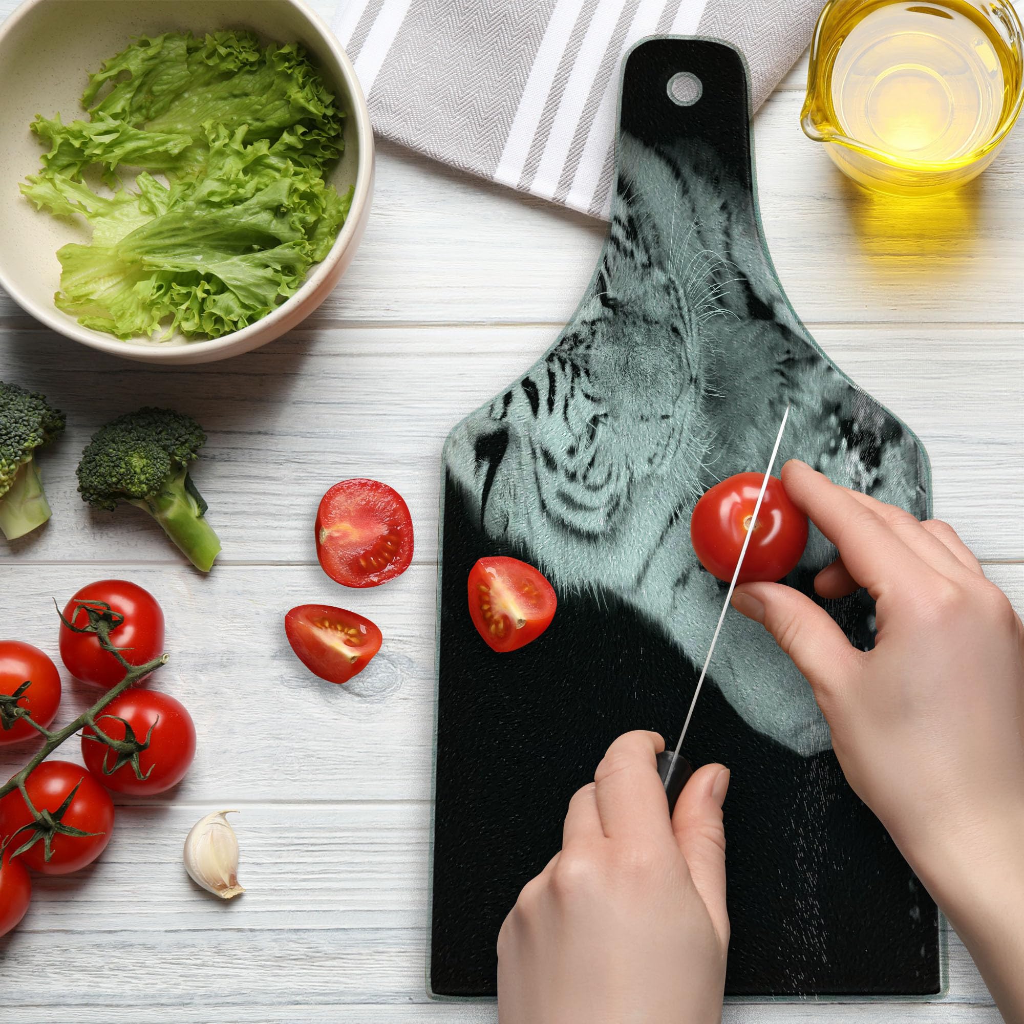 Ambesonne Tiger Tempered Glass Cutting Board - Black and White Large Cat Playing with Water Design - Decorative Serving Board with Wine Bottle Shape - Perfect for Kitchen Use, Charcuterie Display, and Party Serving