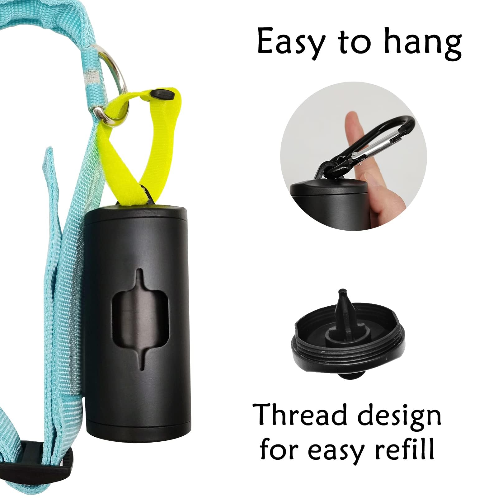 Durable Aluminum Dog Poop Bag Holder with Carabiner Clip - Metal Pet Waste Dispenser with Hook & Loop Fastener, Elastic Cord for Used Bags (Black, 2 Holders & 30 Bags) - Perfect for Walking, Hiking & Outdoor Pet Cleanup