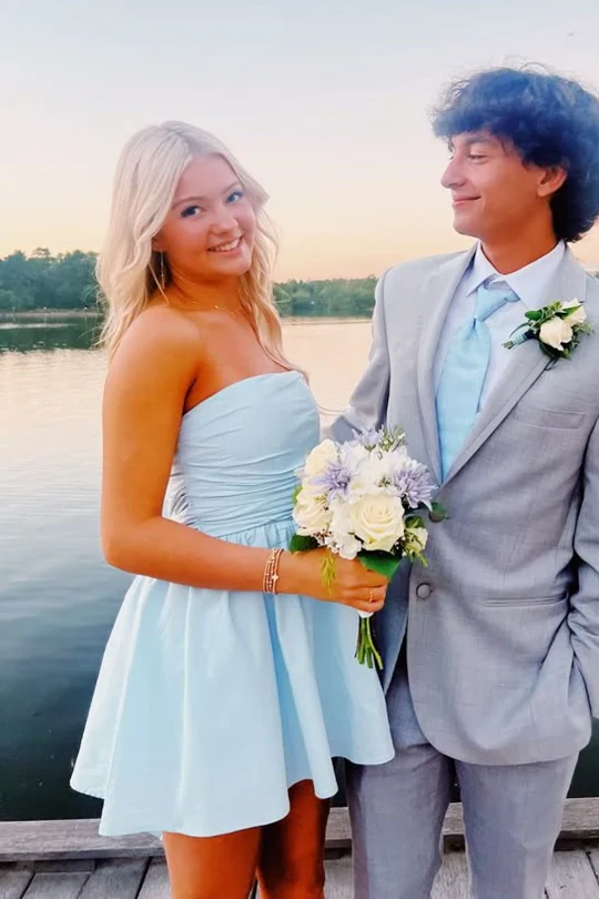 Elegant Blue A-Line Strapless Sleeveless Short Homecoming Dress J6966 - Perfect for Prom, Party, and Special Occasions