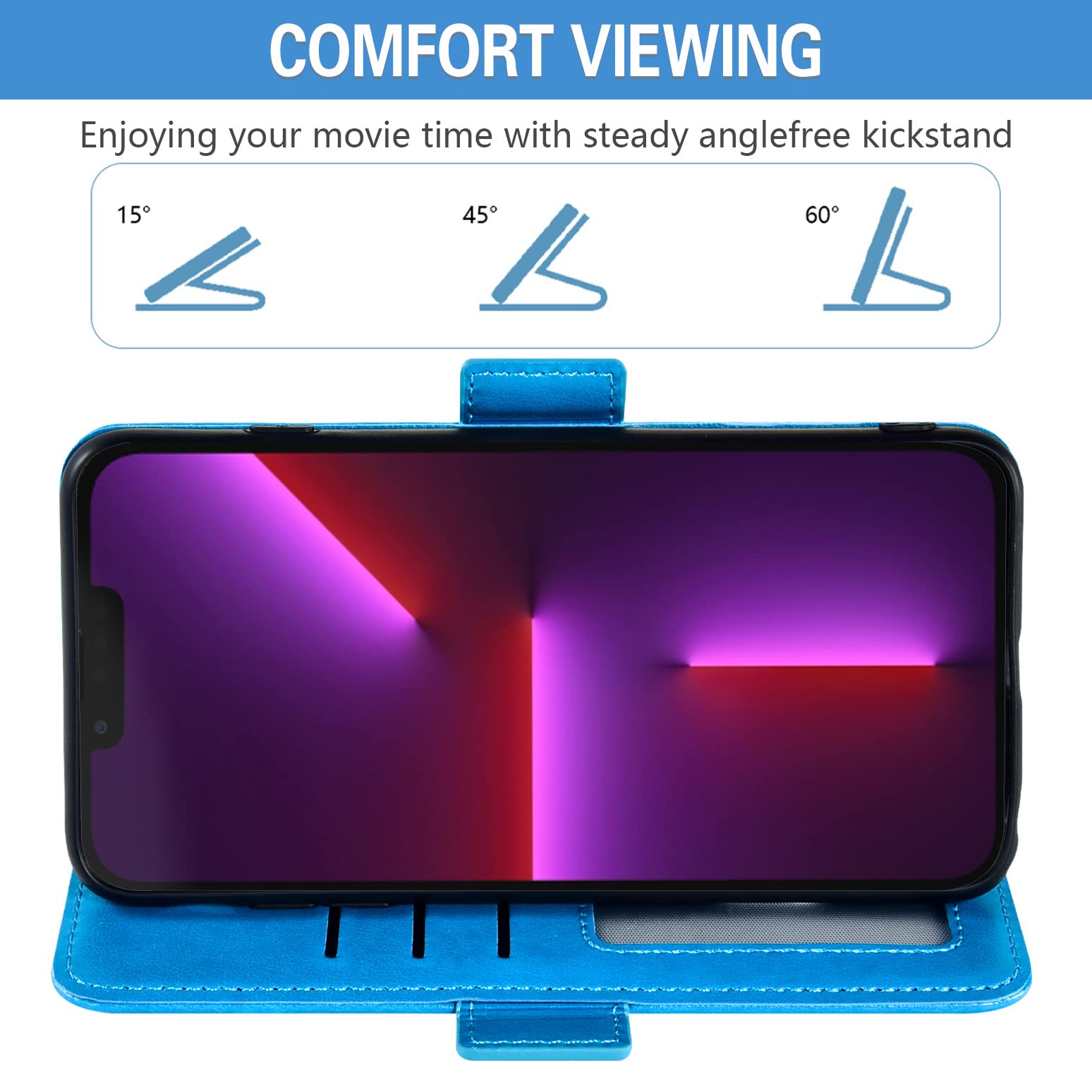 ASUWISH iPhone 13 Pro Max Wallet Case with Tempered Glass Screen Protector & Wrist Strap - 6.7 Inch Flip Cover for iPhone 13 Pro Max (2021) 5G - Blue | Slim Protective Phone Case with Card Slots for Everyday Use & Travel