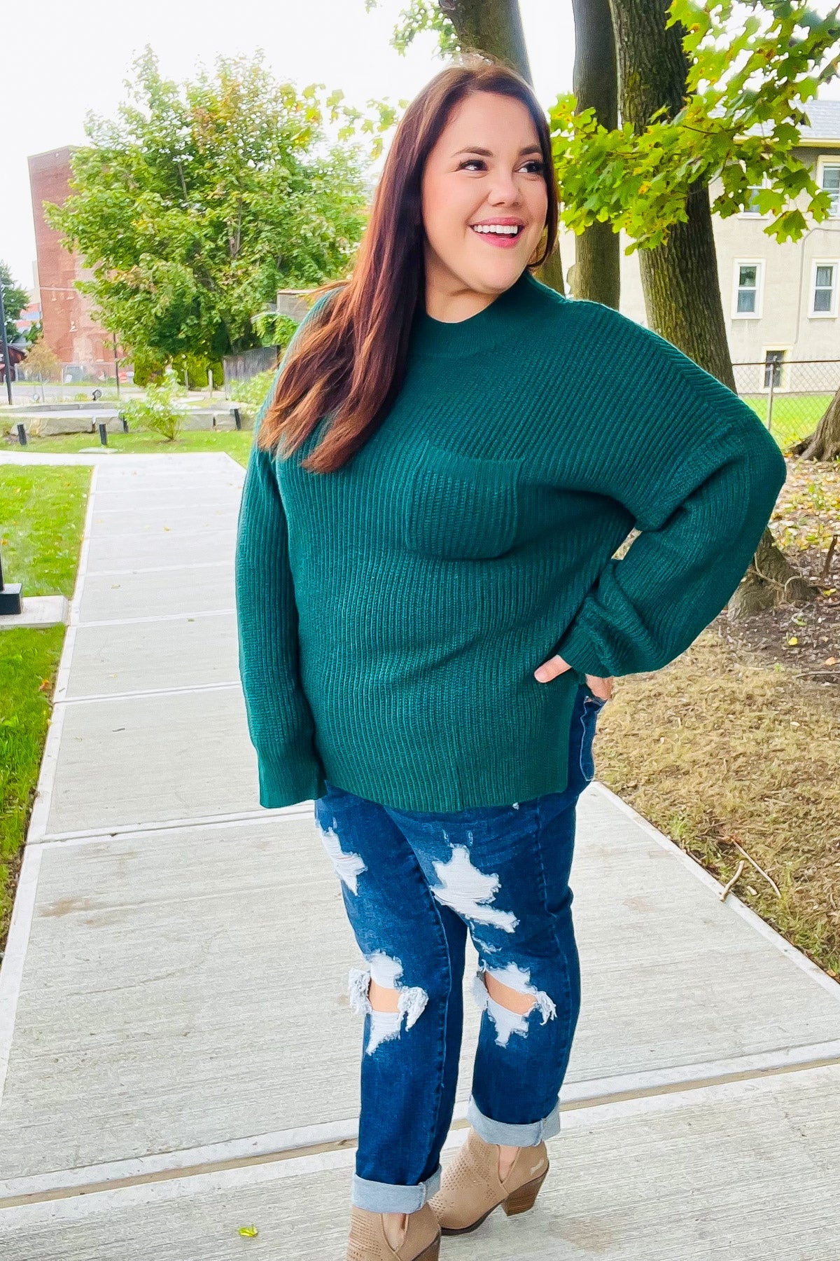 Stylish Hunter Green Mock Neck Knit Sweater with Chest Pocket - Cozy Winter Wear for Women | Perfect for Casual Outings & Office Attire
