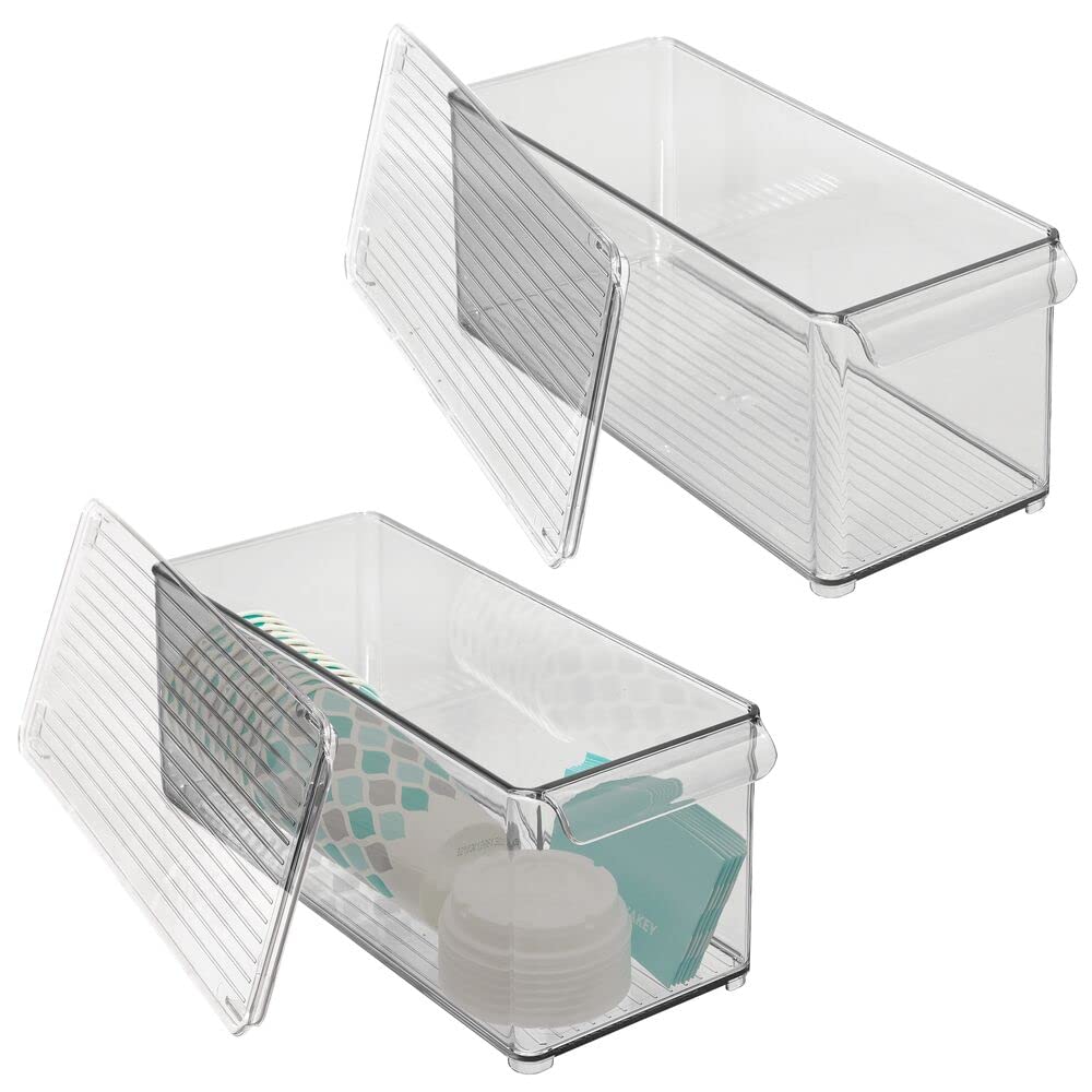 mDesign Plastic Stackable Kitchen Pantry Cabinet Organizer - Clear/Smoke Gray Food Storage Bins with Handle & Lid - 2 Pack for Refrigerator, Freezer - Perfect for Fruits, Yogurt, Snacks, Pasta - Ideal for Pantry Organization & Meal Prep