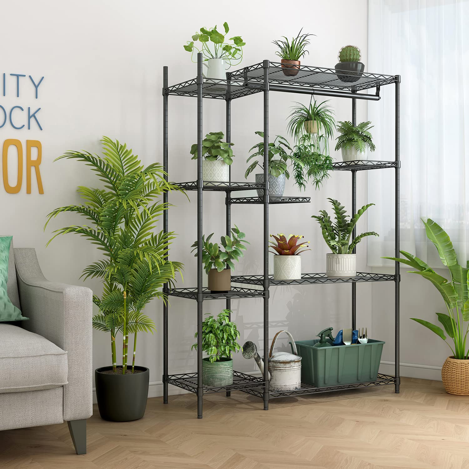 4-Tier Black Plant Stand for Indoor & Outdoor Use - Holds 14+ Pots with Hanging Rod - Perfect for Living Room, Balcony, Garden Decor & Plant Storage