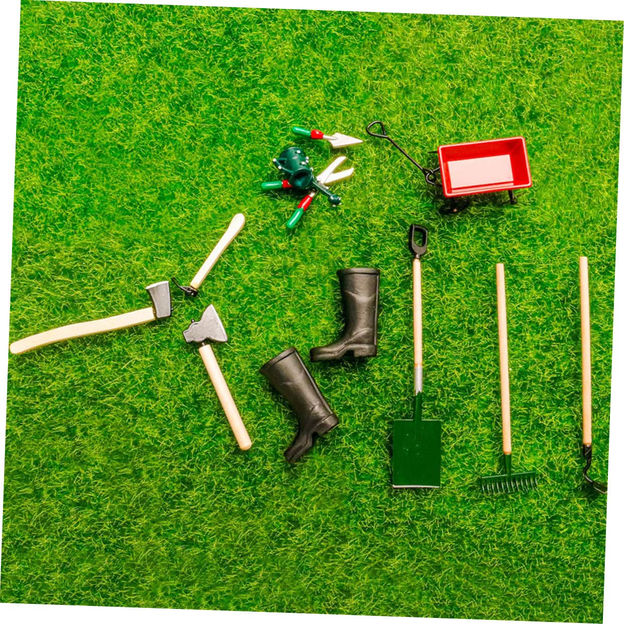 Miniature Gardening Tools Set - Dollhouse Garden Accessories with Wheelbarrow, Watering Can & Shovels | Perfect for Mini Fairy Gardens, DIY Terrariums & Dollhouse Landscaping Projects