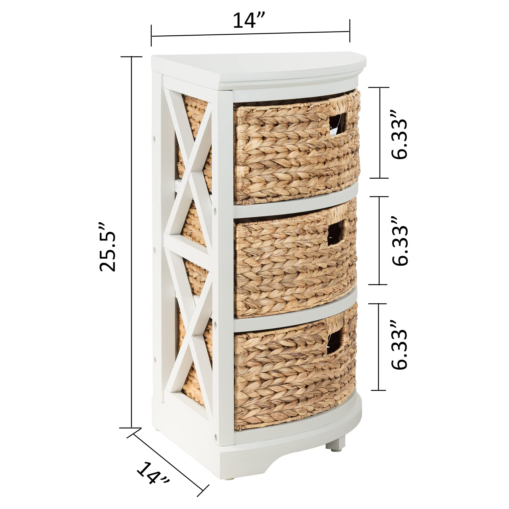 Hampton Meadows 3-Tier X-Side Corner Storage Cabinet with 3 Wicker Baskets - White | Space-Saving Organizer for Bedroom, Bathroom & Living Room | eHemco