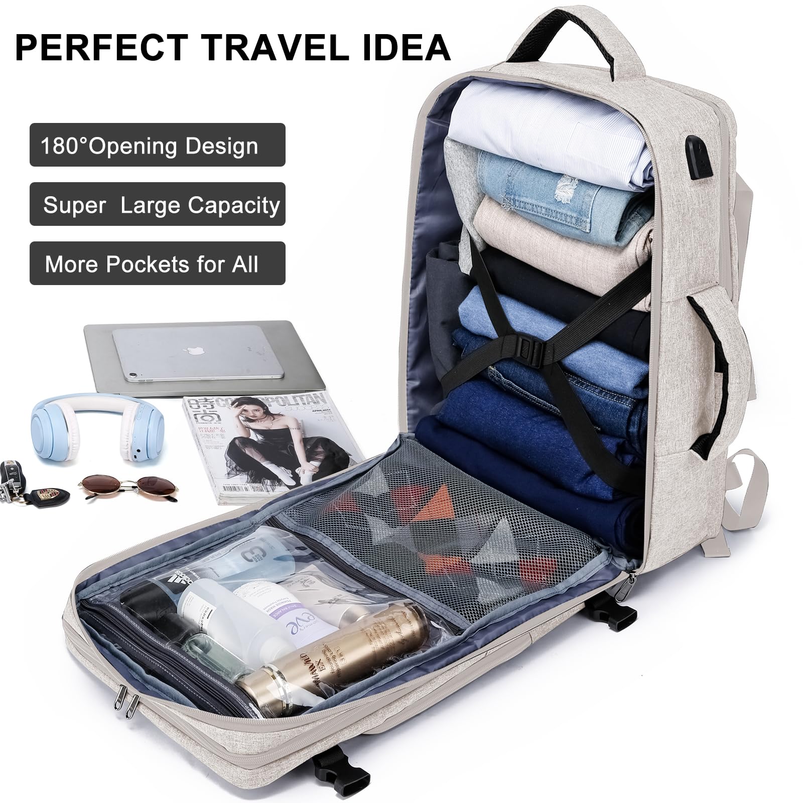 Extra Large Travel Backpack for Men & Women - 17.3 Inch Flight Approved Carry On Backpack with USB Charger Port, Sturdy Zipper & Luggage Sleeve - Perfect for Business Trips, Air Travel & Daily Commute (Beige)