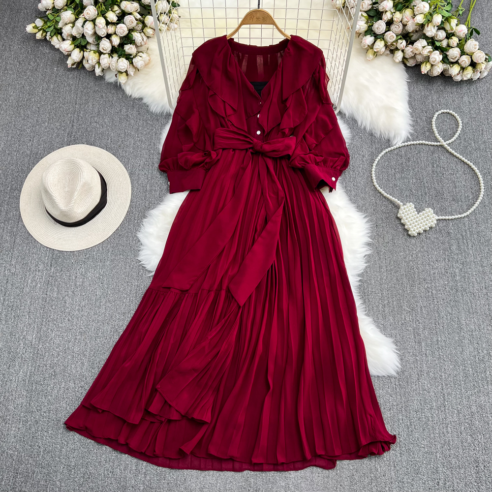 Elegant V-Neck Ruffled A-Line Pleated Dress - Women's Flowy Party & Cocktail Dress for Evening Events, Weddings & Special Occasions