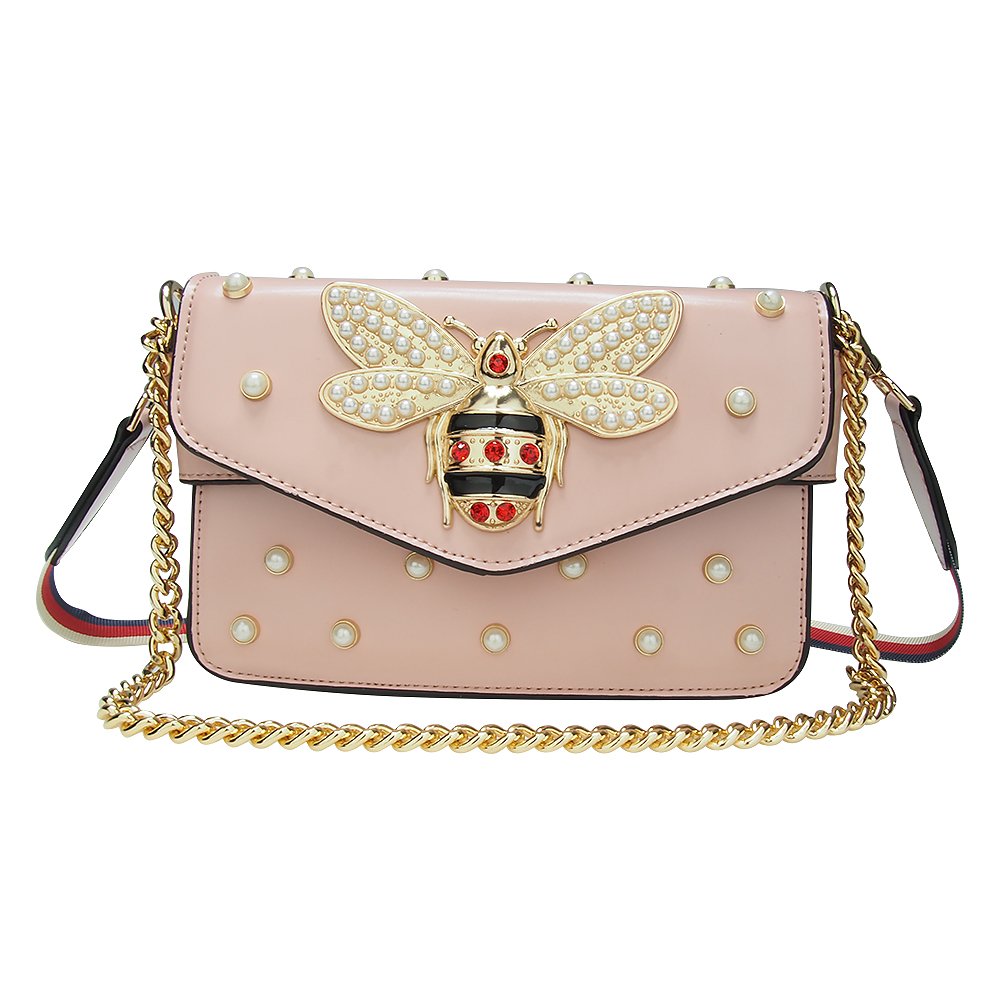 Designer Bee Crossbody Bag with Pearl - Women's PU Leather Clutch for Parties & Events
