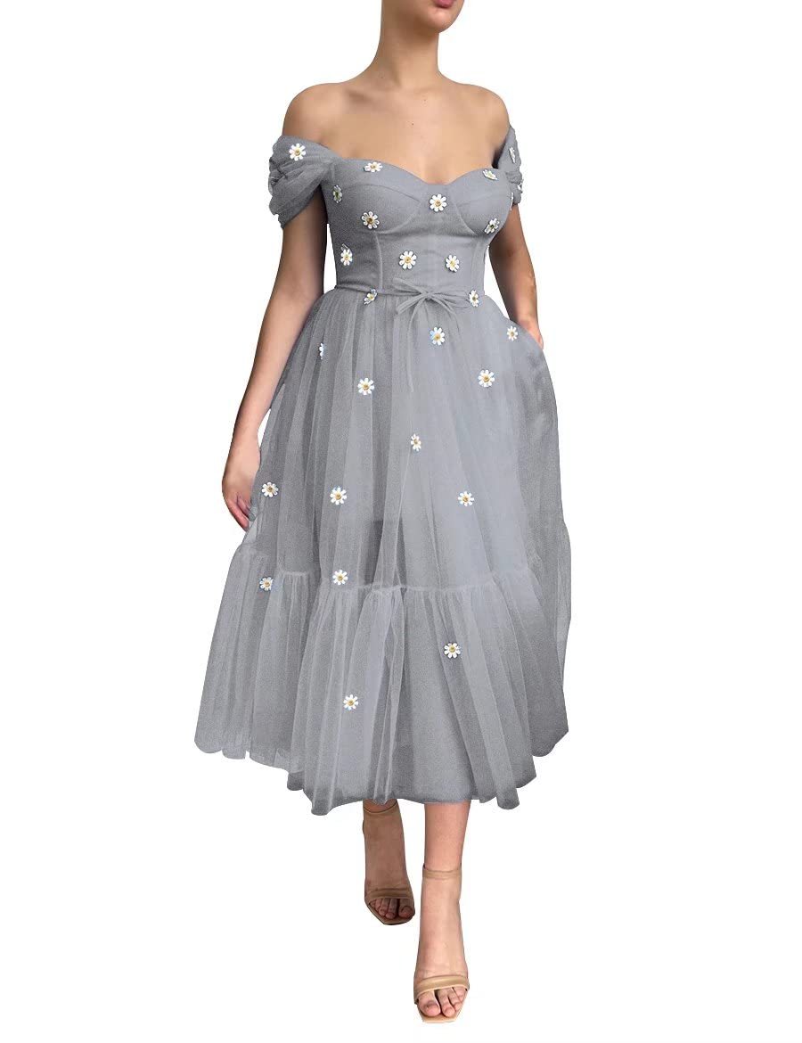 Elegant Off-The-Shoulder Tulle Prom Dress with Pockets | Tea-Length Ball Gown Sweetheart Formal Evening Dress for Homecoming, Wedding Guest & Special Occasions