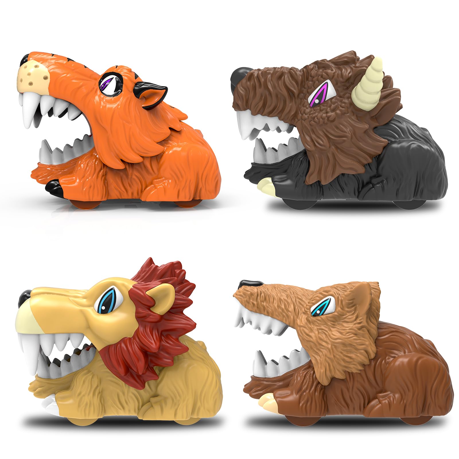 **Monster Trucks & Jungle Animal Race Car Toys Set - 4 Pack Push and Go Pull Back Vehicles for Kids Ages 3-7 - Perfect for Boys & Girls Birthday Gifts, Indoor Play, and Toddler Racing Games**