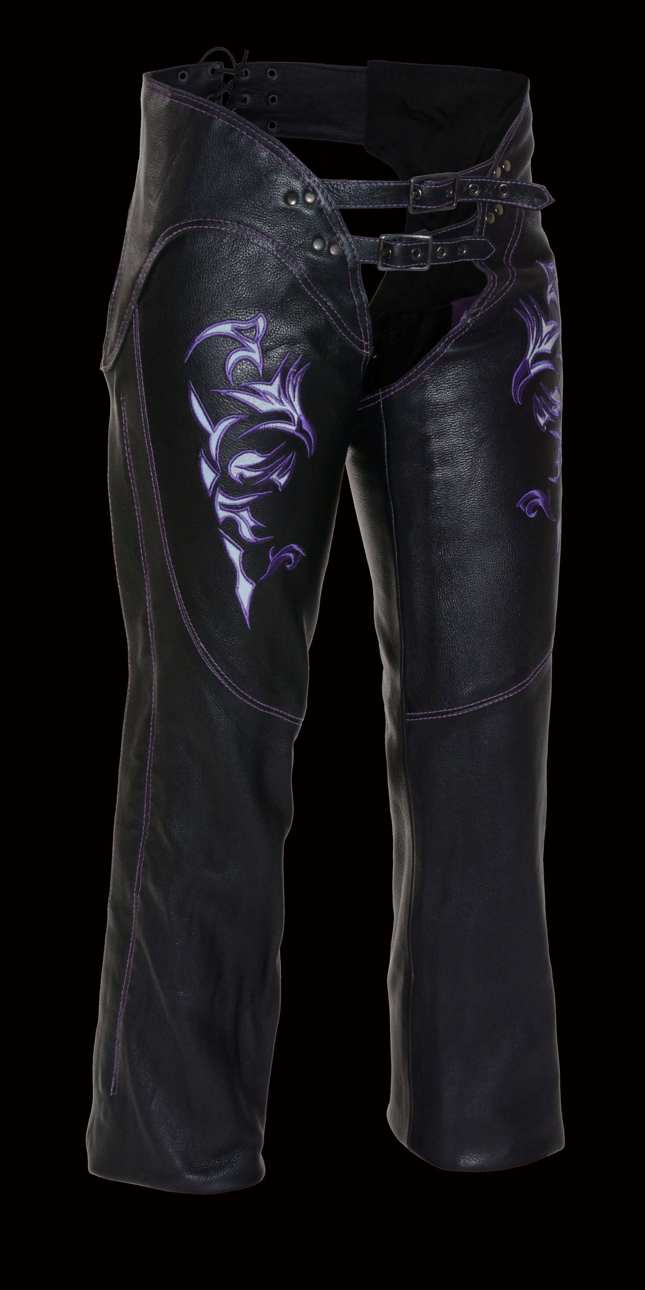 Milwaukee Leather Women's Motorcycle Chaps with Reflective Tribal Embroidery - Size Small | Perfect for Harley Davidson Riders & Biker Fashion Enthusiasts