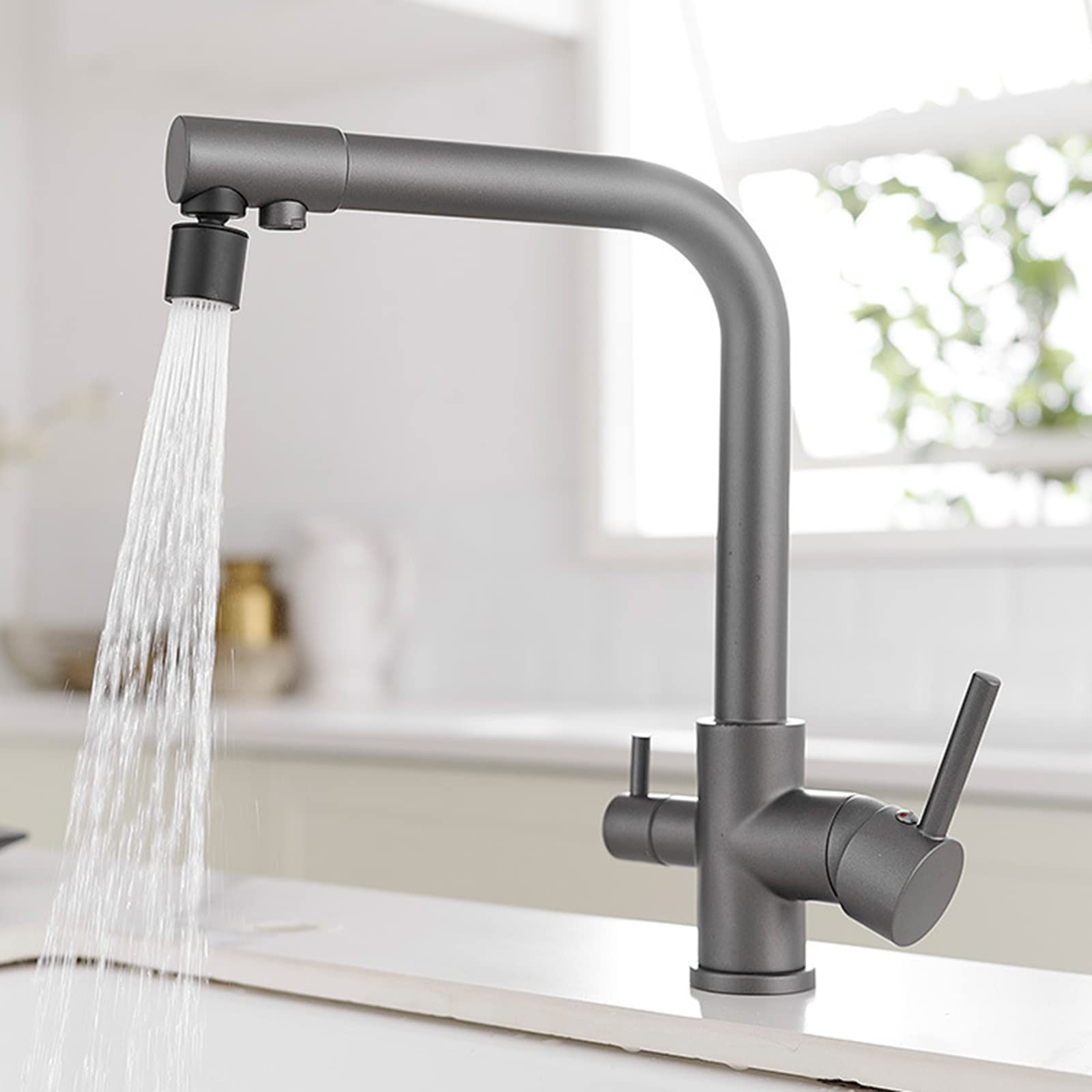 3-Way Kitchen Faucet with Pull-Down Sprayer - Grey Brushed Nickel Sink Faucet with Hot/Cold Water & Filtered Water - Perfect for Modern Kitchens, Bar Sinks & RV Use