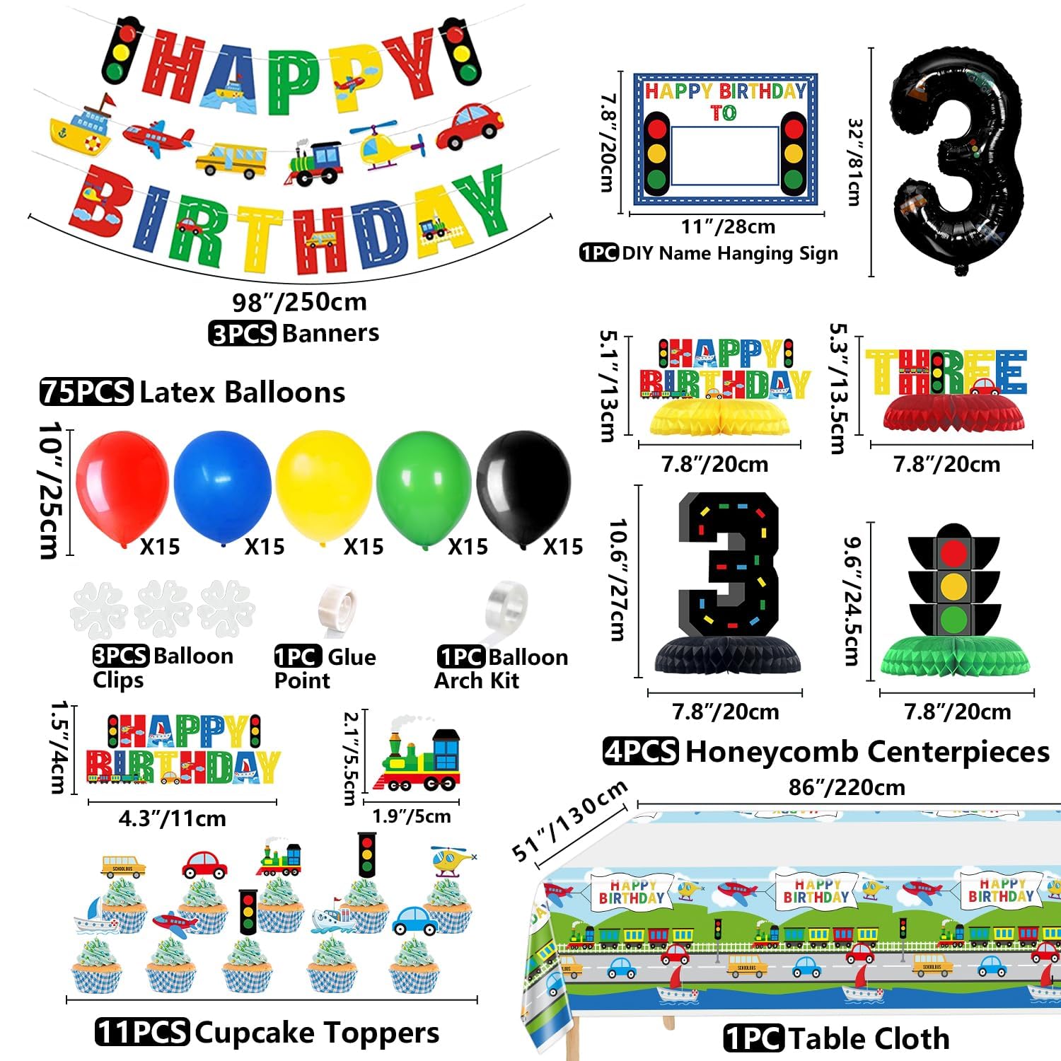 Transportation Theme 3rd Birthday Party Supplies for 3 Year Olds - Includes Happy Birthday Banners, Centerpieces, Tablecloths, Cake Toppers & 76 Balloons - Perfect for Kids' Truck, Train & Car Themed Birthday Decorations