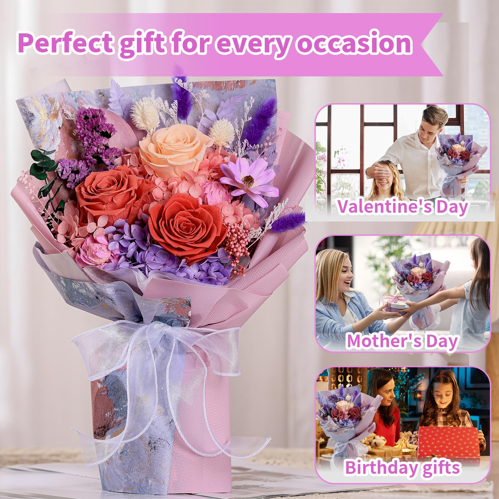 Eternal Preserved Rose Bouquet with Necklace - Fresh Cut Roses for Graduation, Mother's Day, Christmas & Valentine's Day Gifts | Long-Lasting Floral Arrangement for Special Occasions & Romantic Surprises