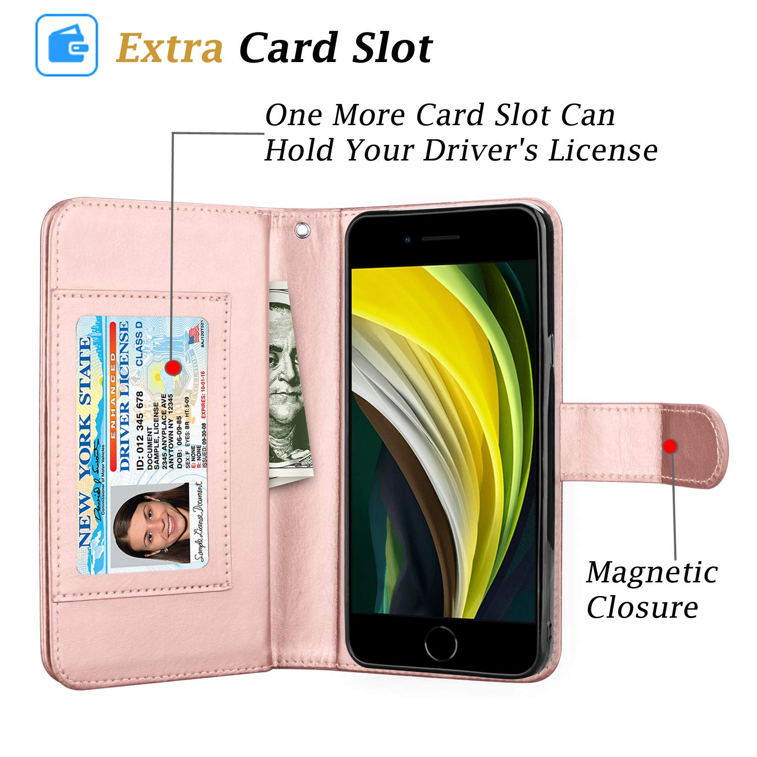Premium Leather Wallet Case for iPhone SE 2020/iPhone 7/iPhone 8 - RFID Blocking Credit Card Holder with Detachable Magnetic Cover & Kickstand (Rose Gold) | Perfect for Business Travel, Daily Commute & Hands-Free Shopping