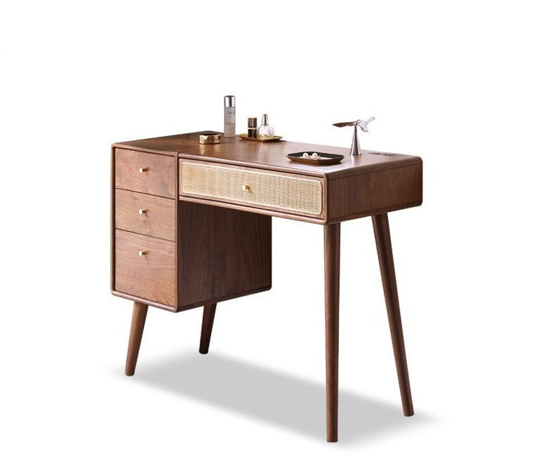 Premium Black Walnut Solid Wood Rattan Vanity Dressing Table - Elegant Makeup Desk with Mirror for Bedroom, Bathroom & Boudoir Organization