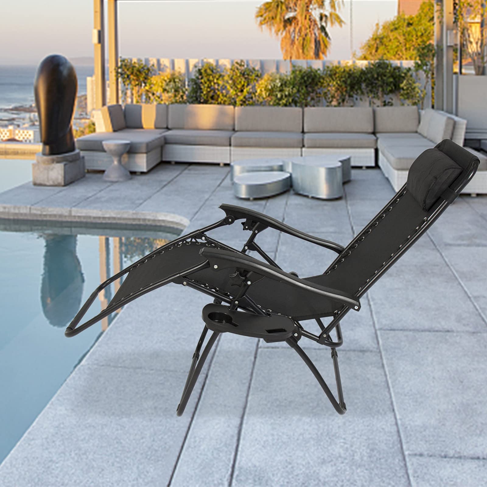 HomVent 2PC Zero Gravity Lounge Chair - Adjustable Reclining Patio Chair with Cup Holder & Pillows, Foldable Outdoor Relaxation Chair for Deck, Backyard, Beach, Poolside & Camping (Black)