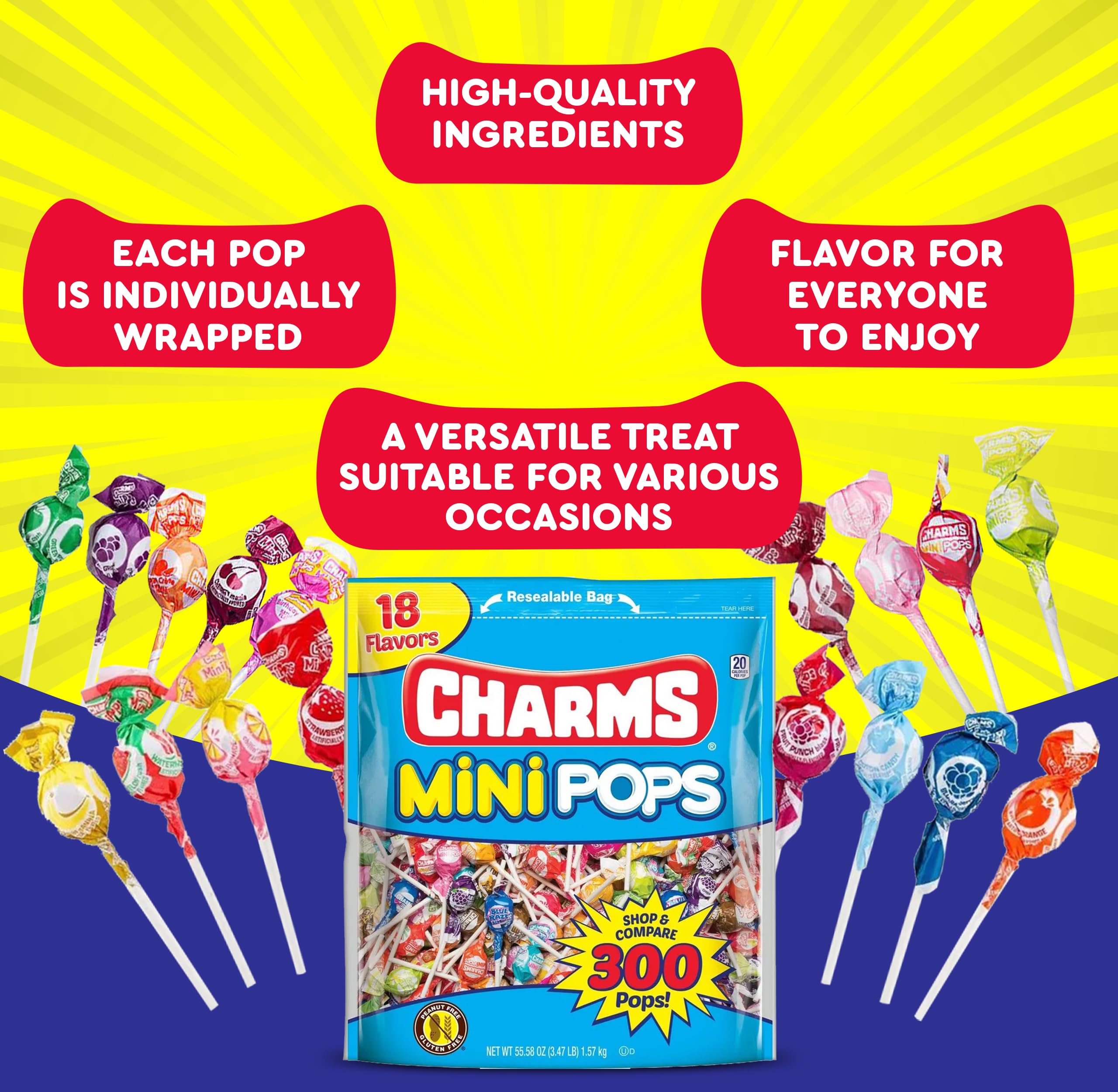 NOSH PACK Charm Mini Pops Bulk Charms Lollipops - 300 Count Individually Wrapped Candy with 18 Assorted Flavors & NP Bag - Perfect for Party Favors, Classroom Rewards, and Birthday Treats