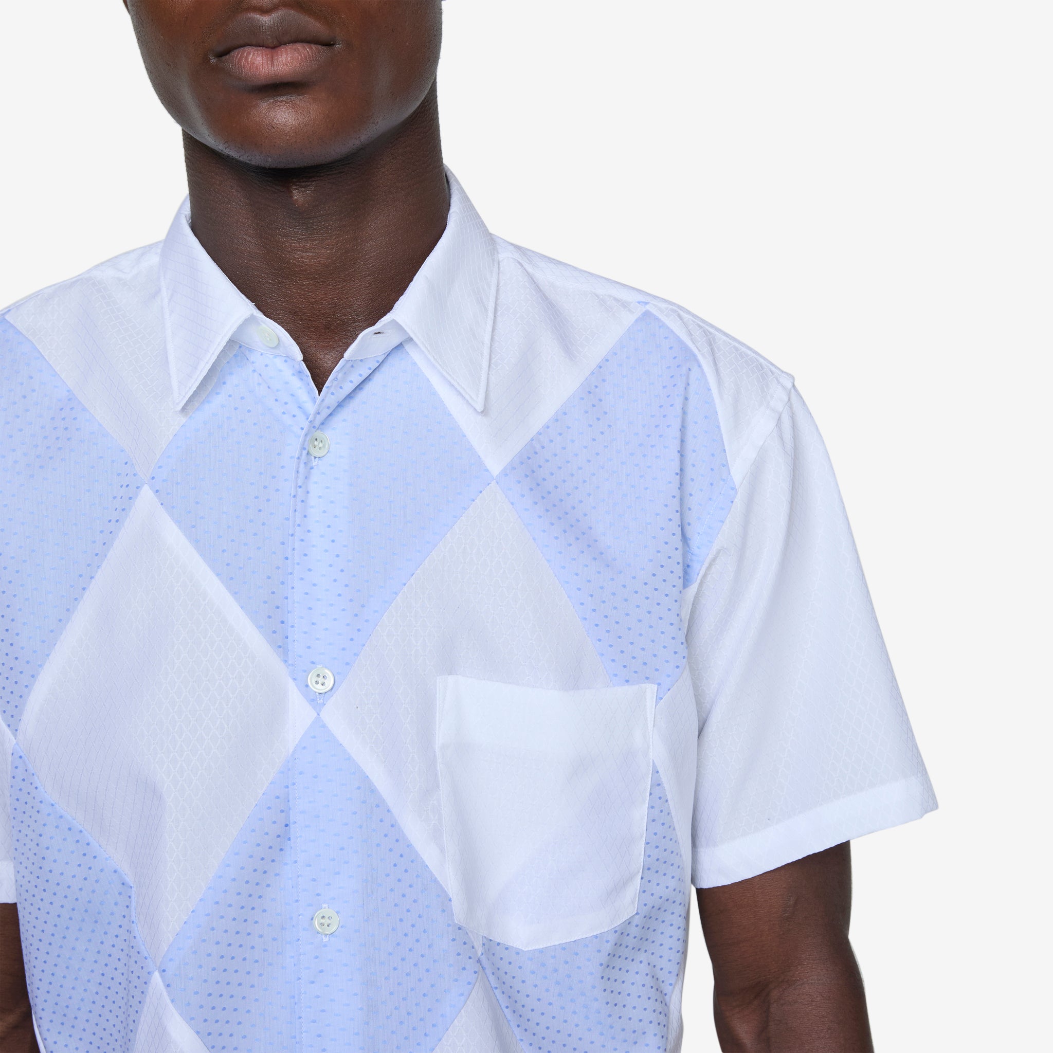 Diamond Patchwork Shirt for Women - White & Blue Casual Button Down Top | Perfect for Office, Date Night and Summer Outfits