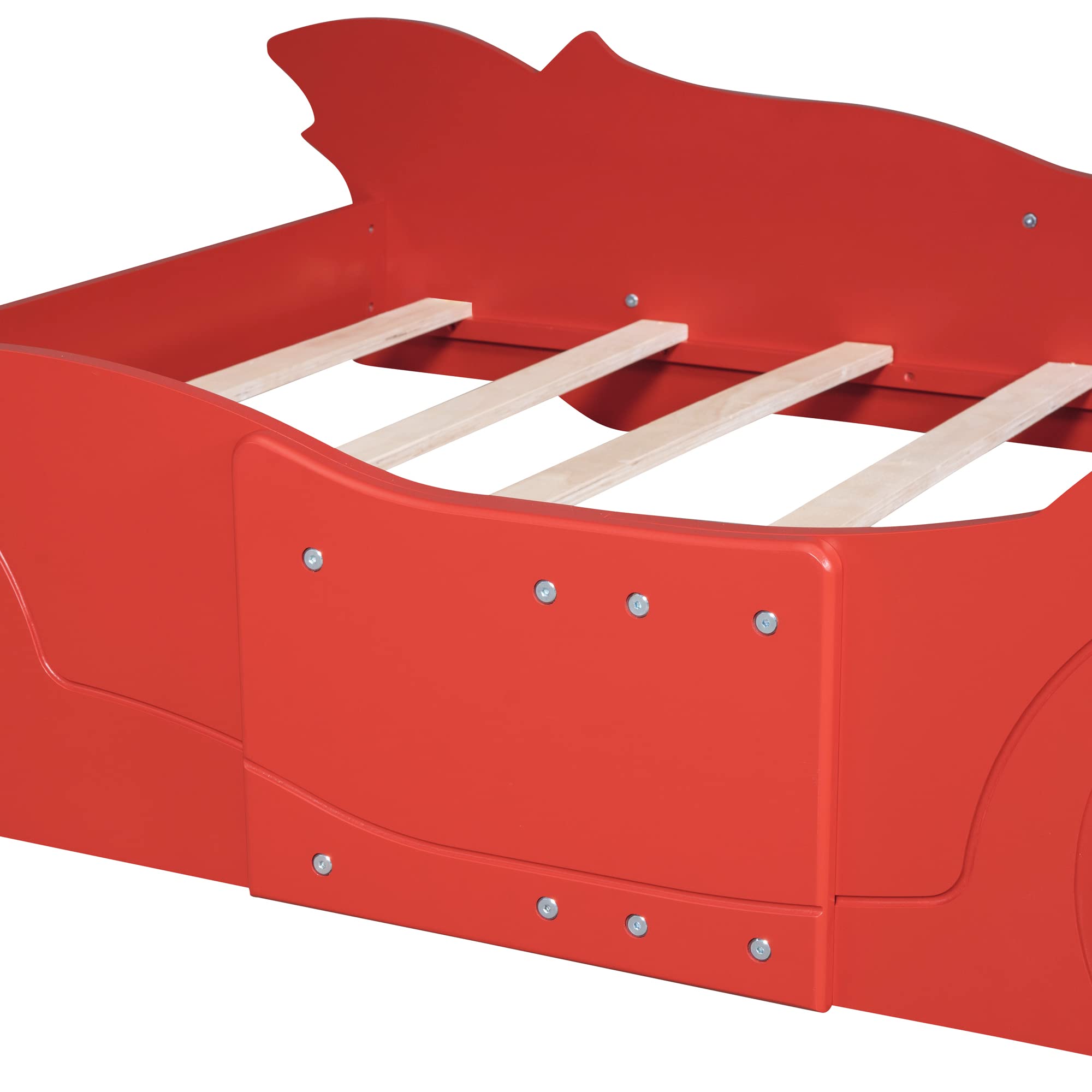 Race Car-Shaped Full Size Wooden Bed Frame for Boys - Red Full Car Bed with Wheels & Slat Support - Fun Kids Bedroom Furniture for Playful Sleep & Adventure Dreams