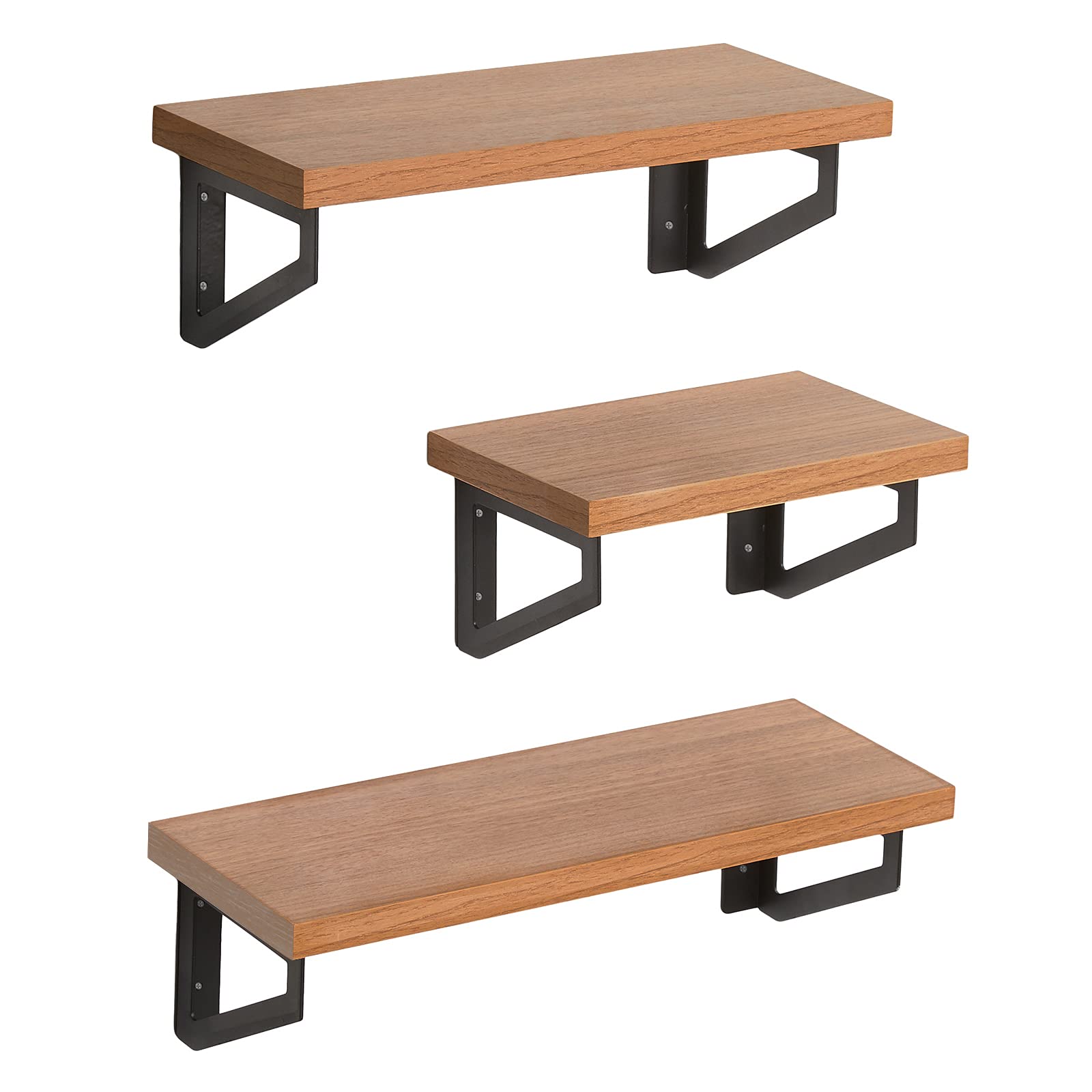 Americanflat Oak Floating Shelves Set of 3 - Wall Mounted Composite Wood Shelves with Metal Brackets for Home Decor - Perfect for Displaying Books, Photos & Decor in Bedroom, Living Room, Bathroom, Kitchen & Office