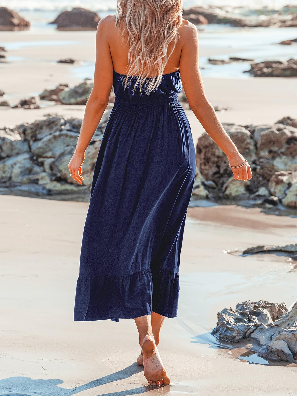 CUPSHE Women's Ruffle Beach Cover Up Dress - Strappy Neck, Smocked Waist, Side Slit Maxi Dress for Summer | Swimwear Cover Up, Pool Party, Vacation Outfit, Boho Chic Style