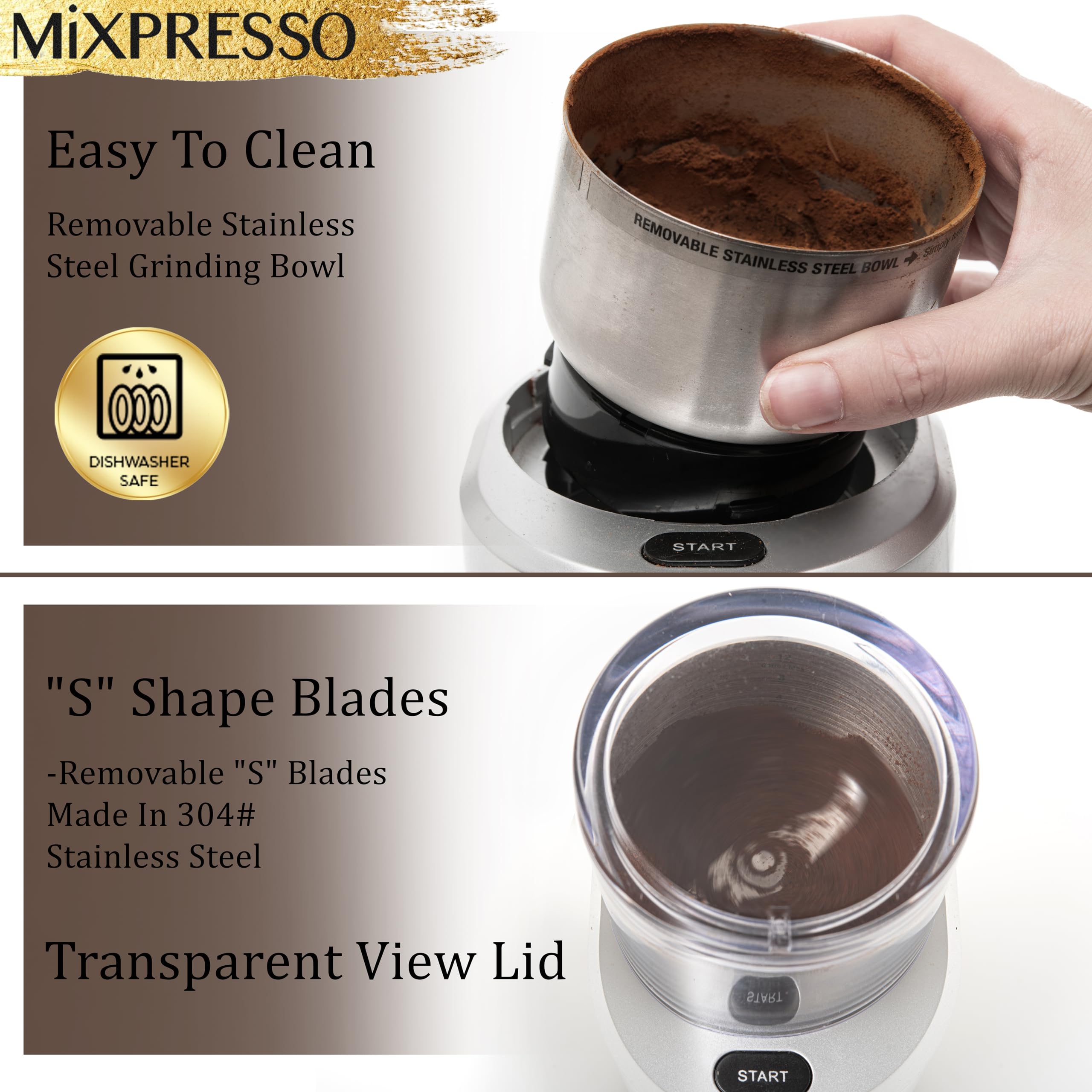 Mixpresso Electric Coffee Grinder - 12 Cup Capacity with 304 Stainless Steel Blade for Espresso Beans, Removable Chamber - Bundle with 9 Cup Stovetop Espresso Maker & Moka Pot - Perfect for Home, Office & Camping Coffee Brewing