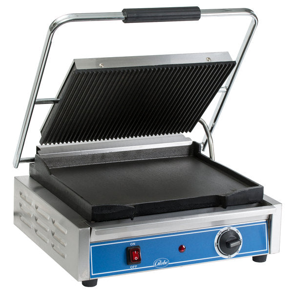 Globe GPGS1410 Panini Grill - 1800W Electric Sandwich Press with Grooved Top & Smooth Bottom Plates, 120V - Perfect for Paninis, Grilled Cheese, Burgers & More at Home or Restaurant