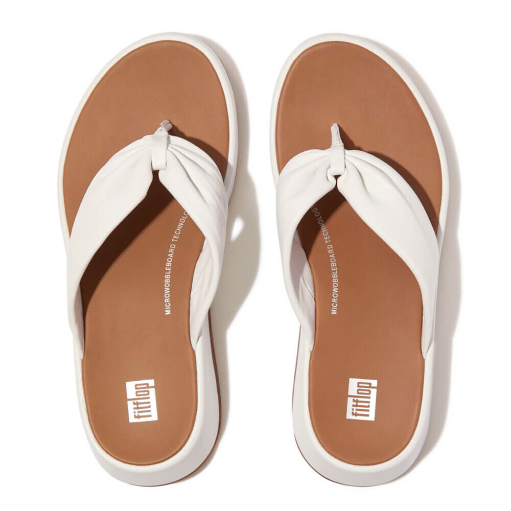 FitFlop F Mode Leather Twist Flatform Toe Post Sandals for Women - Comfortable Summer Beach Walking Shoes in Urban White | Perfect for Vacation, Poolside & Casual Outings