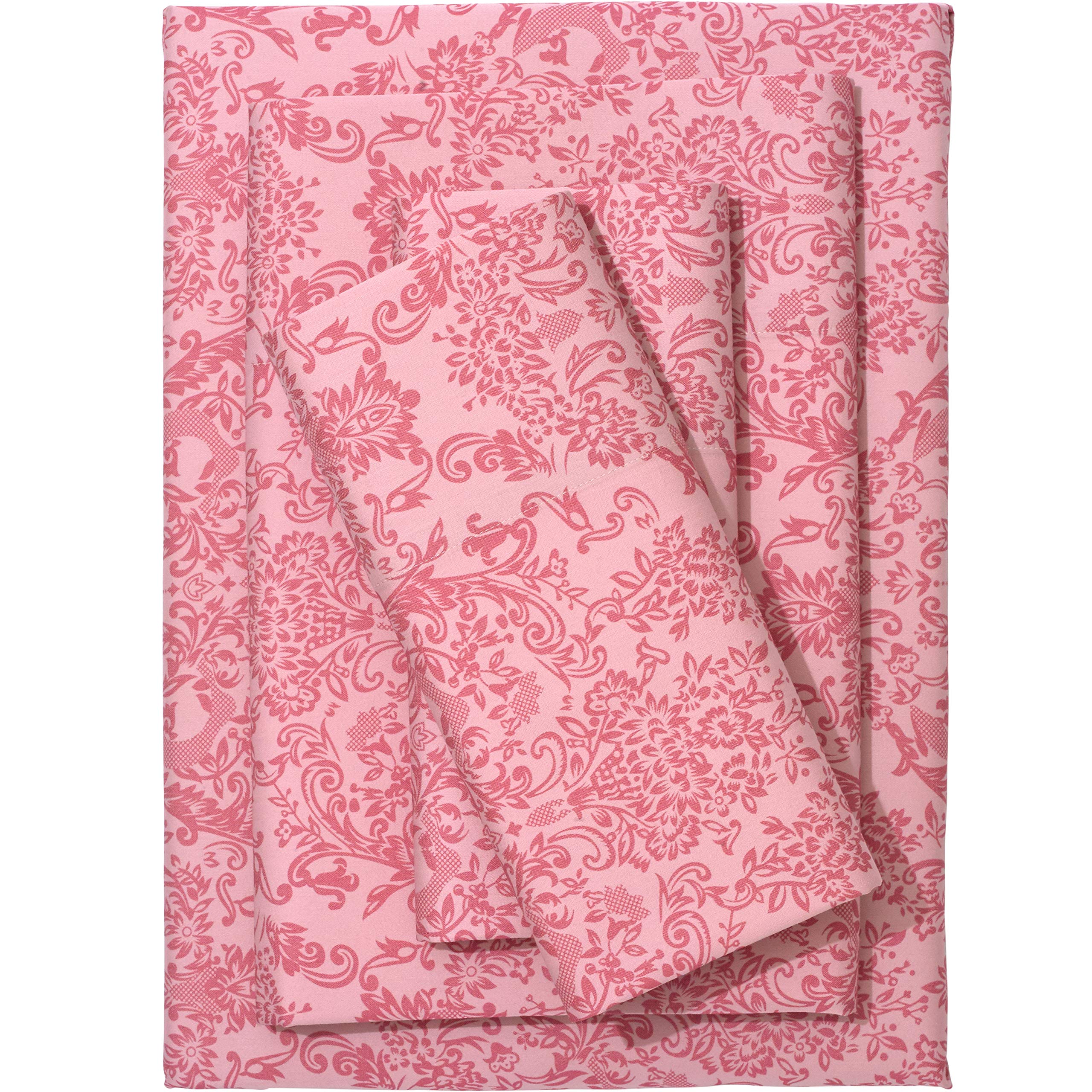 BrylaneHome Printed Damask 6-Piece King Size Sheet Set - Silver Pink Floral Pattern | Luxury Bedding for Master Bedroom & Guest Room