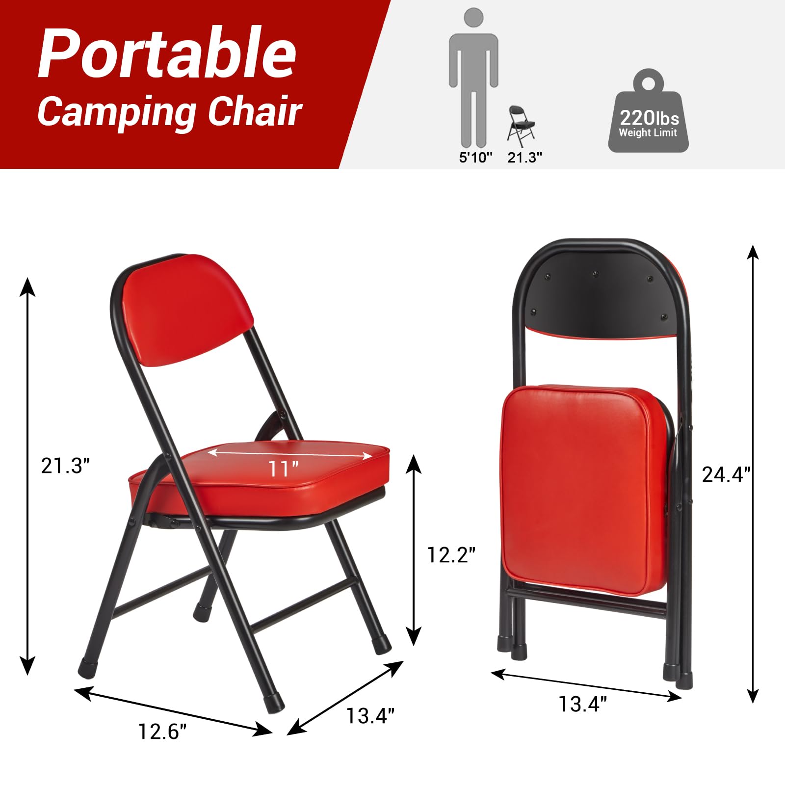 **Portable Folding Camping Chair with Cushion - Lightweight Mini Padded Stool for Outdoor, Patio, Beach, Picnic, Fishing & Hiking - Perfect for Camping, Backyard, Garage & Sports Events (Red)**